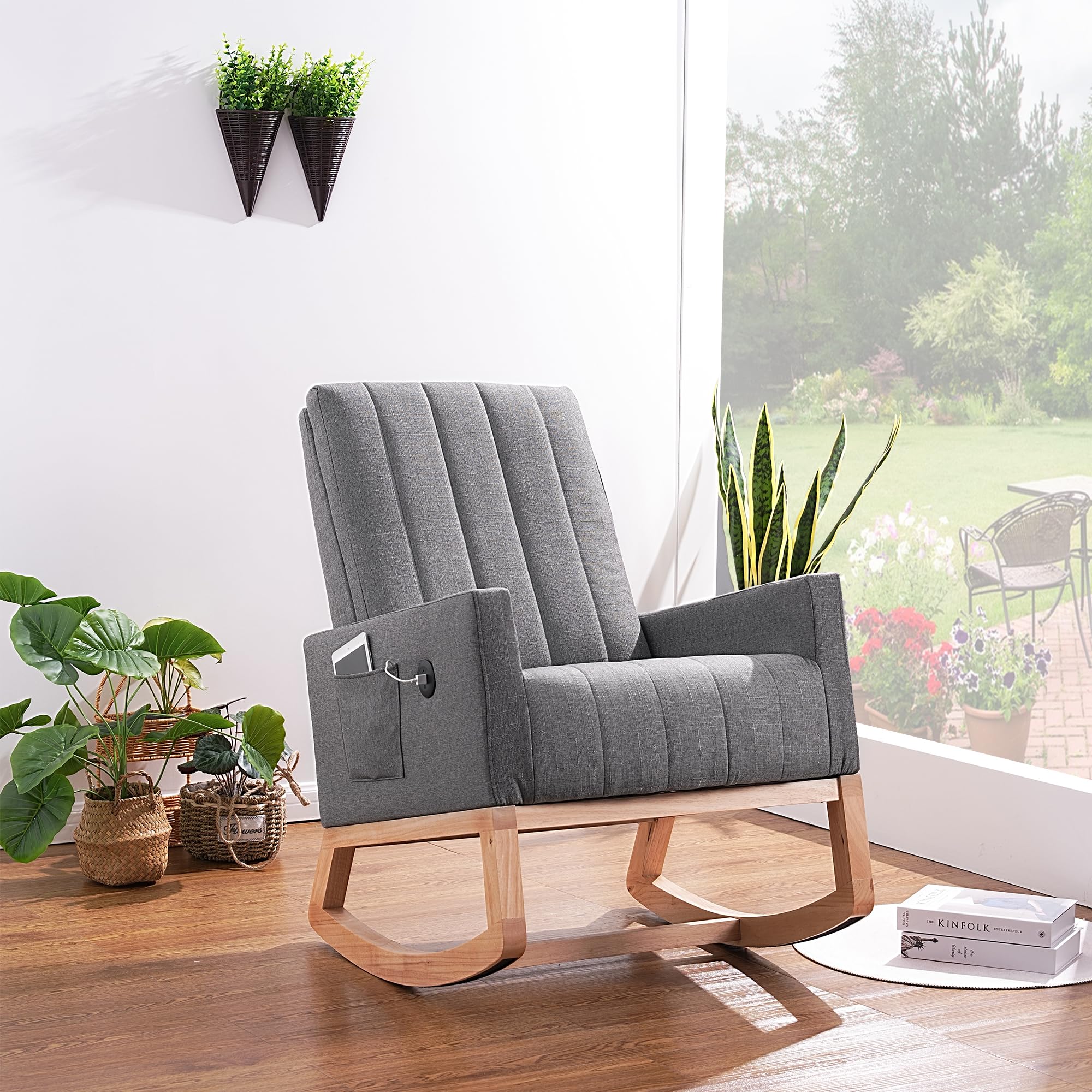 Upholstered Rocking Chair with USB Port and Side Pocket