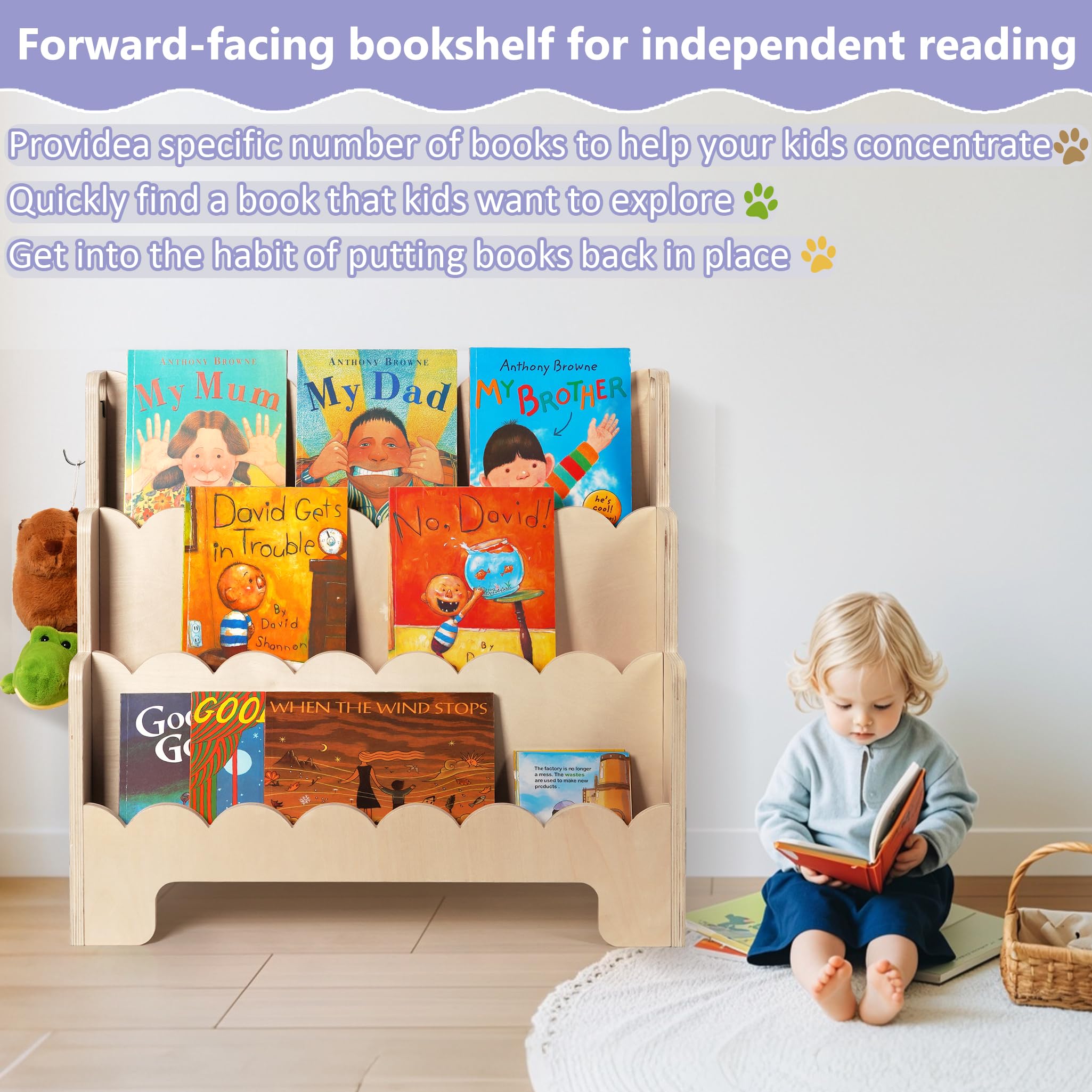 Wooden 3-Tier Kids Bookshelf with Front-Facing Display