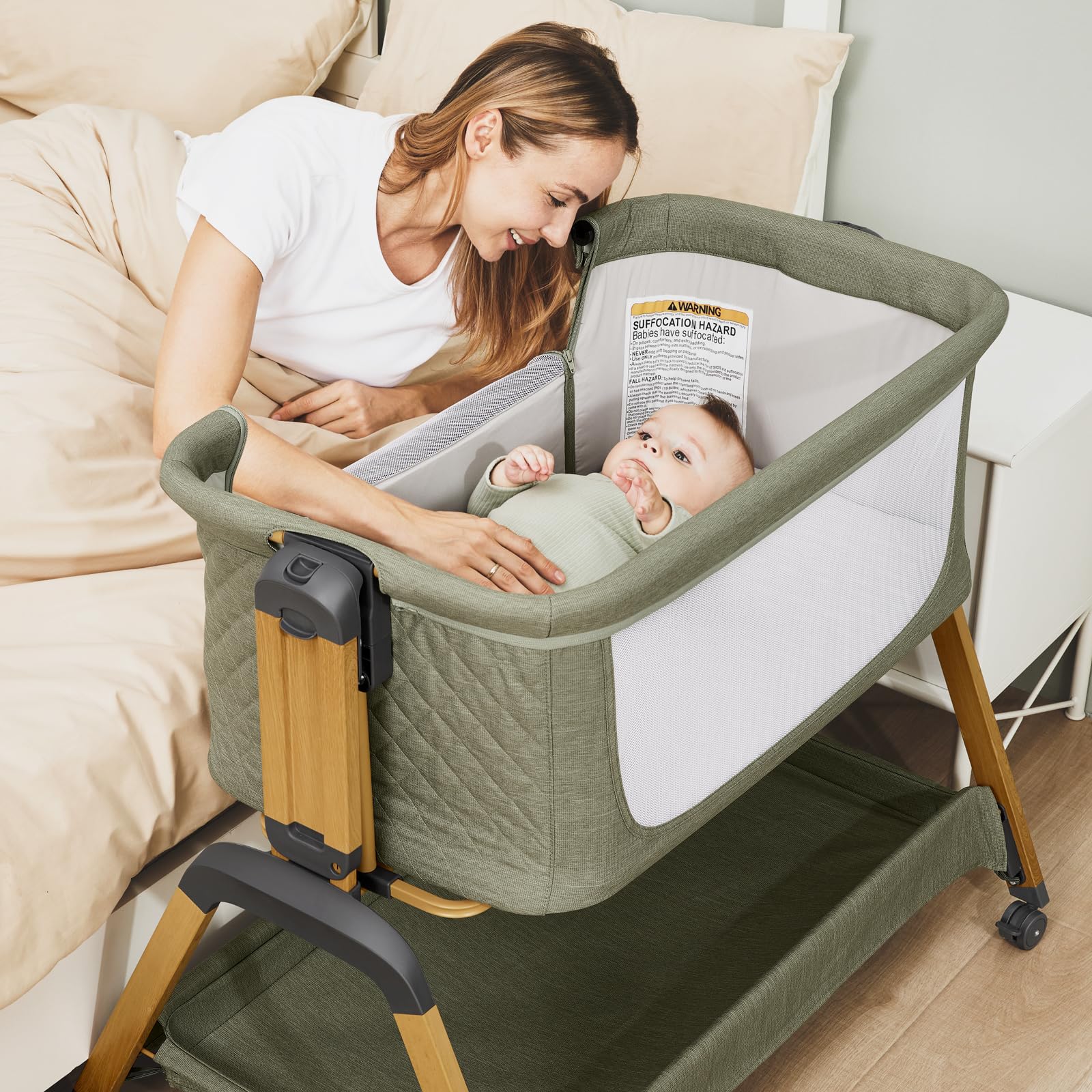 1 Baby Bassinet, Rocking Bassinets with Comfy Mattress and Wheels