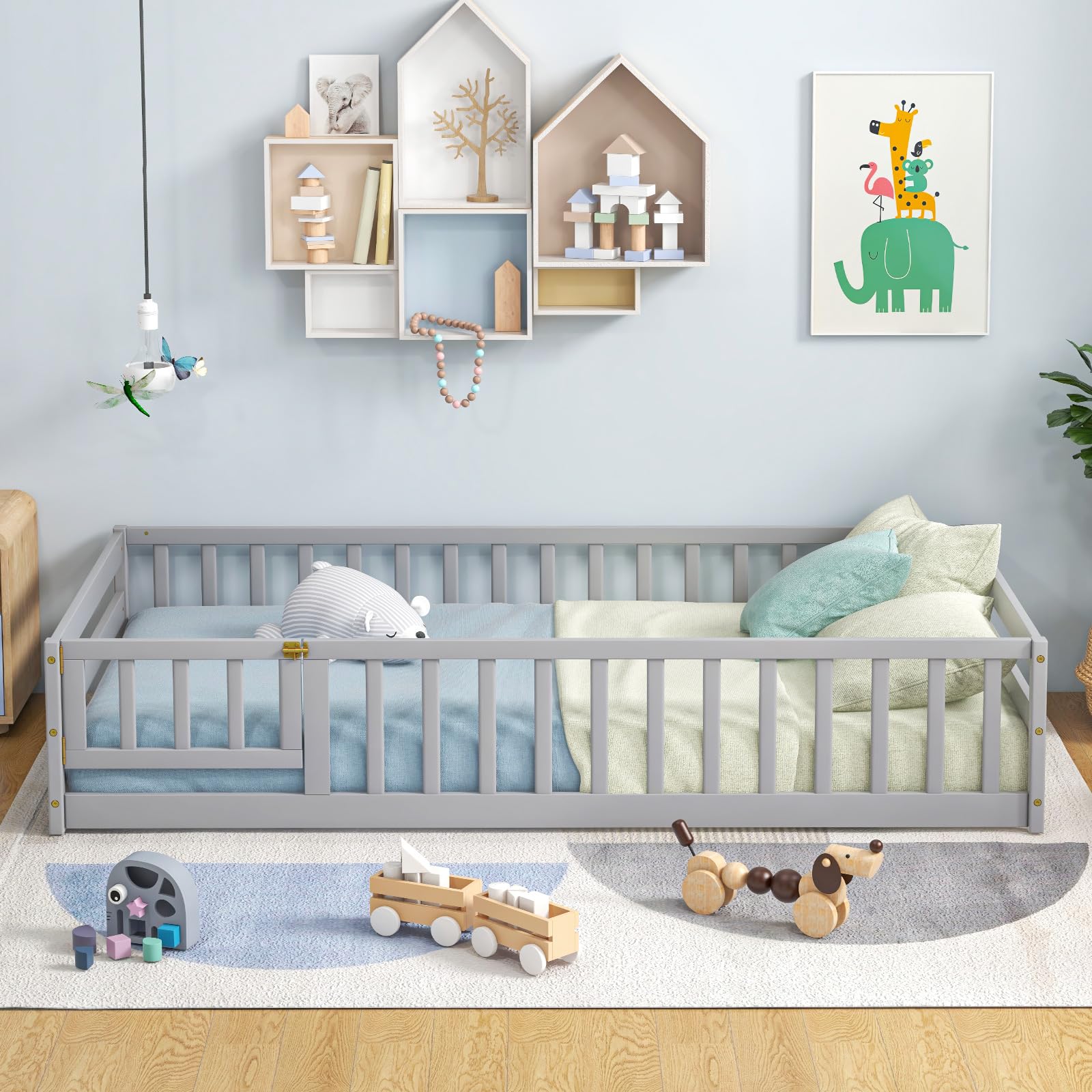 Twin Floor Bed with Door & Fence, Kids Wood Montessori Bed with Safety Guardrails