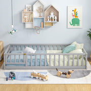 Twin Floor Bed with Door and Fence for Kids