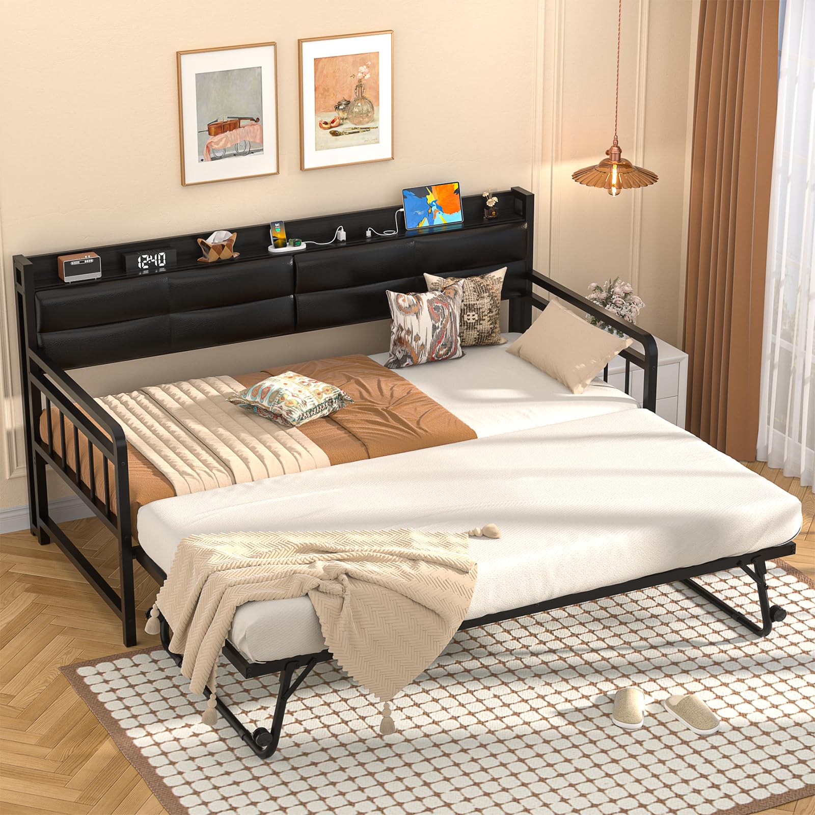 Daybed with Trundle, Twin Day Bed with Upholstered