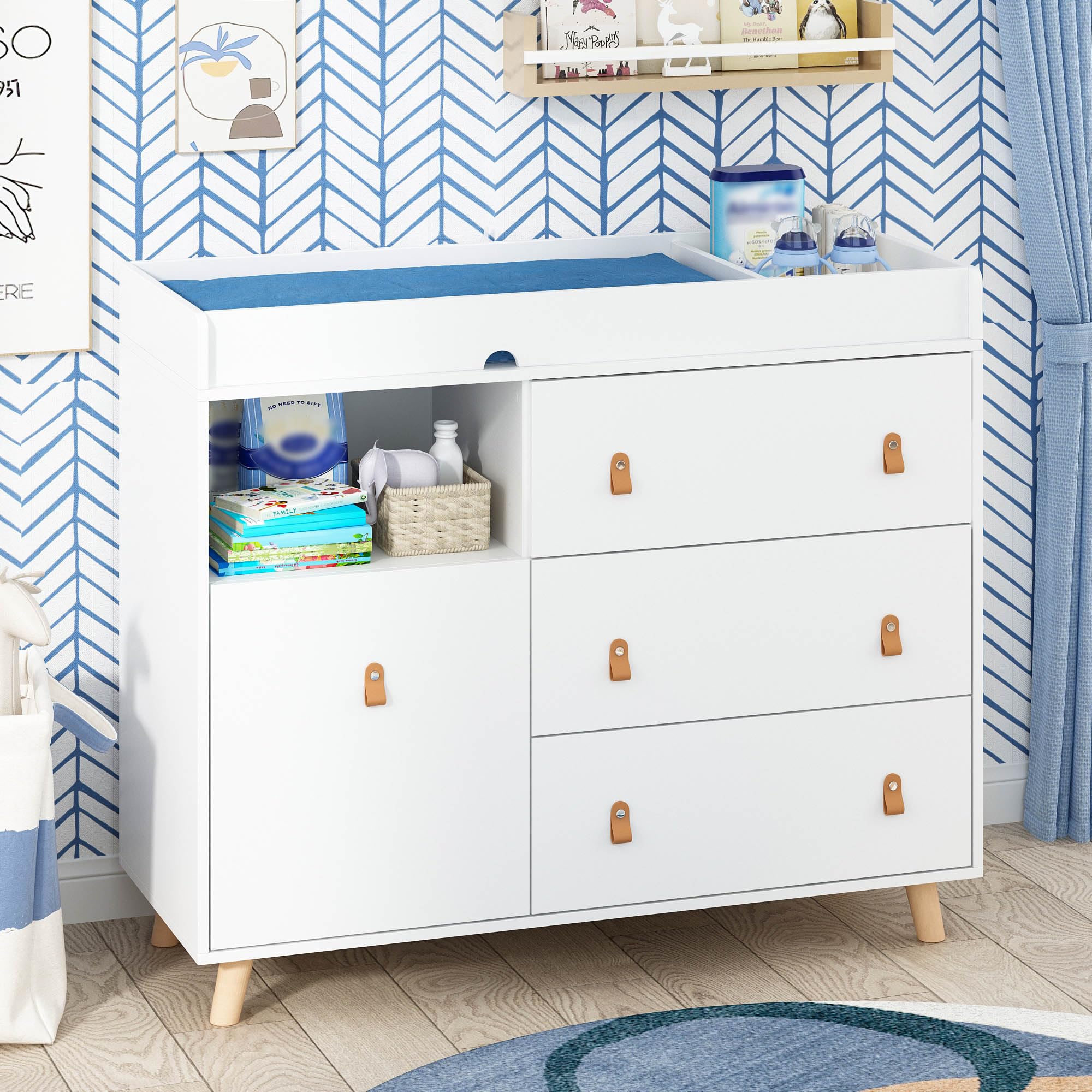 Baby Dresser Changing Table with Drawers,Shelf,Hidden Laundry