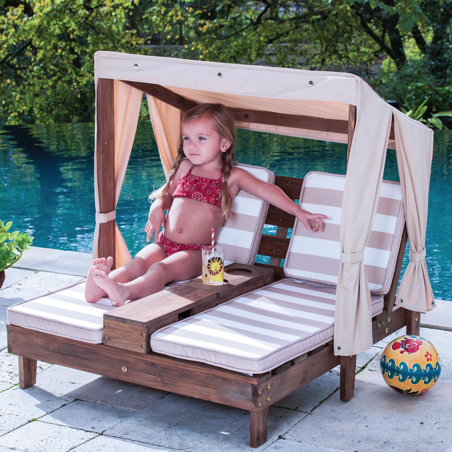 Wooden Outdoor Double Chaise Lounge with Cup Holders