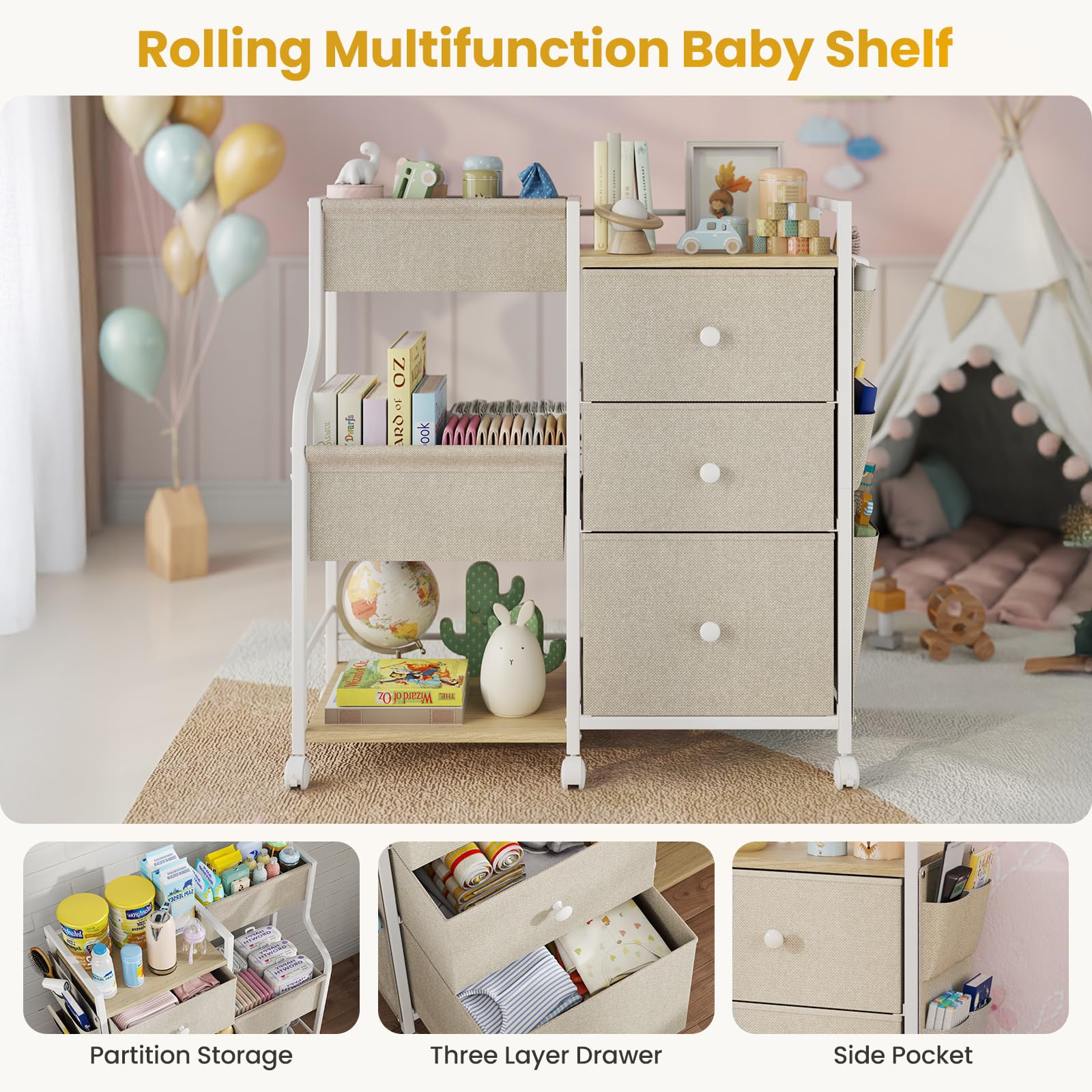 3-Tier Rolling Baby Organizer Cart with Dividers and Drawers