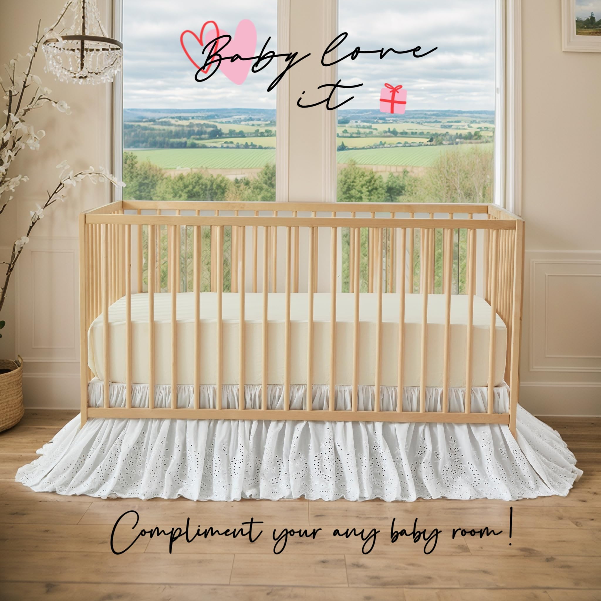 Cotton Lace Crib Bed Skirt with Scalloped Eyelet Ruffles
