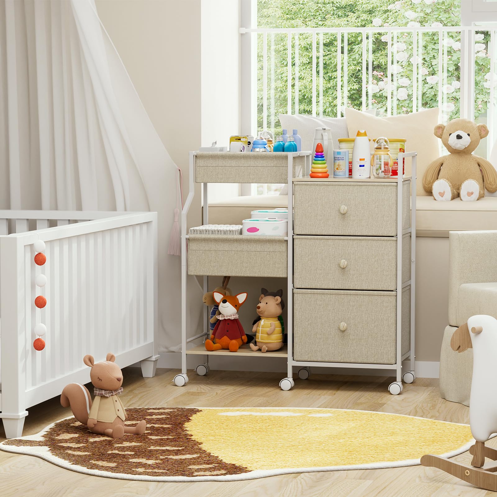 3-Tier Rolling Baby Storage Cart with Drawers and Dividers