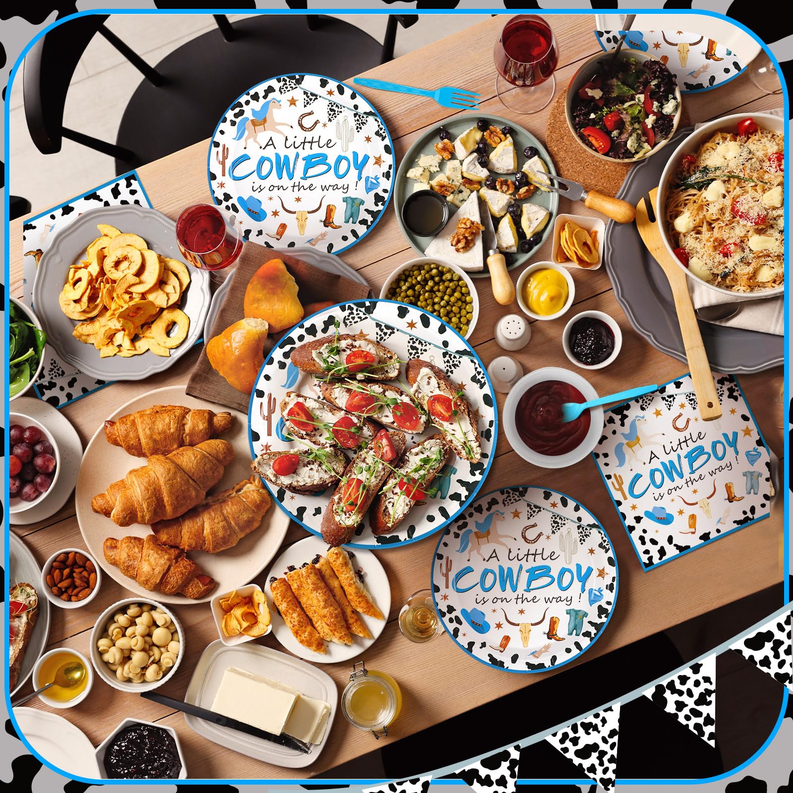 350 Pcs Cowboy Baby Shower Plates and Napkins Party Supplies Wild West a Little Cowboy Is on the Way Theme Tableware Set Western Cow Country Party Dessert Plates Napkins Forks for 50 Guest Baby Shower