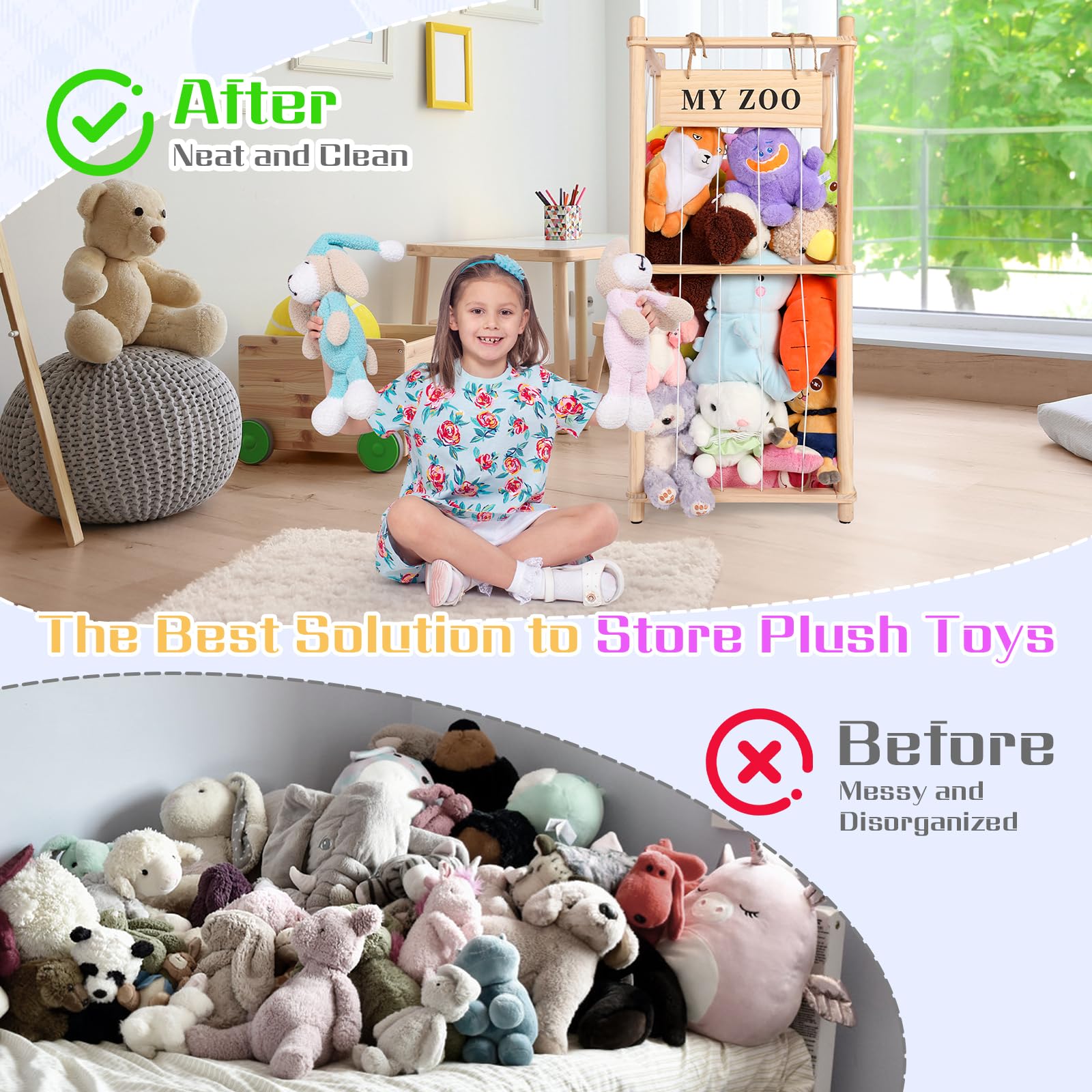 Wooden Stuffed Animal Storage Zoo Organizer with Elastic Cords
