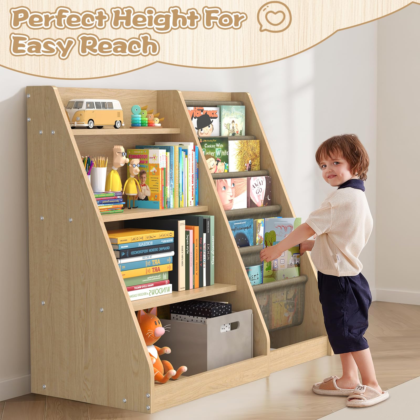 Montessori Kids Bookshelf with Toy Storage