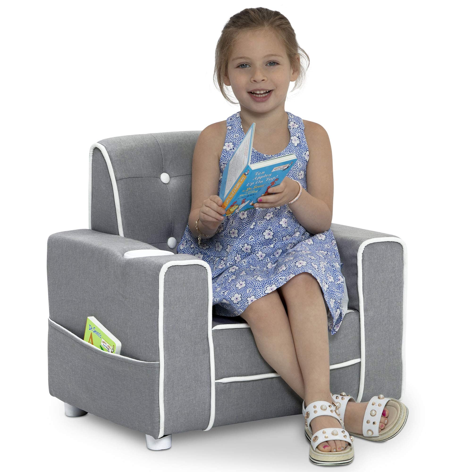 Chelsea Kids Upholstered Chair with Cup Holder, Soft Grey