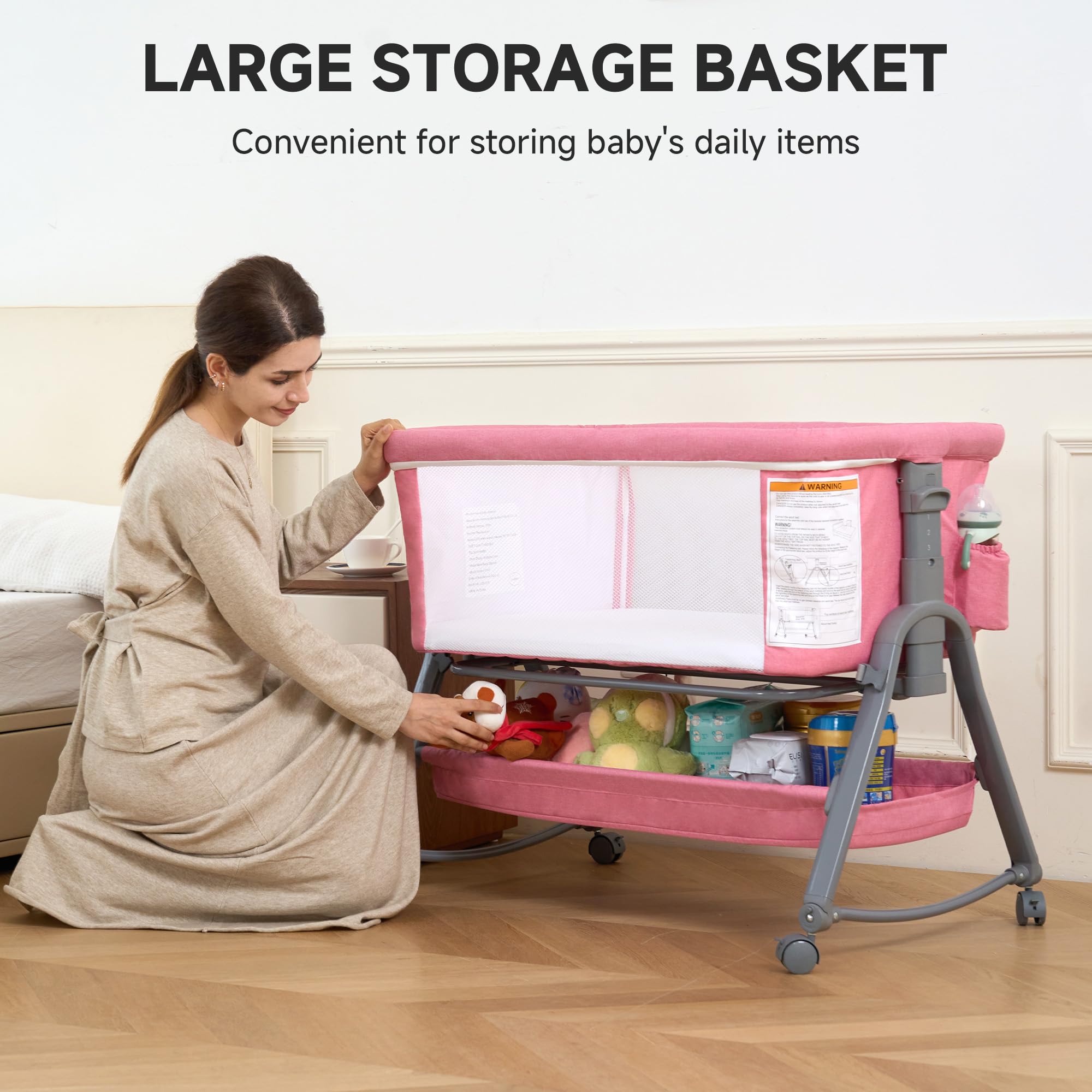 3-in-1 Bedside Bassinet with Adjustable Height and Mosquito Net