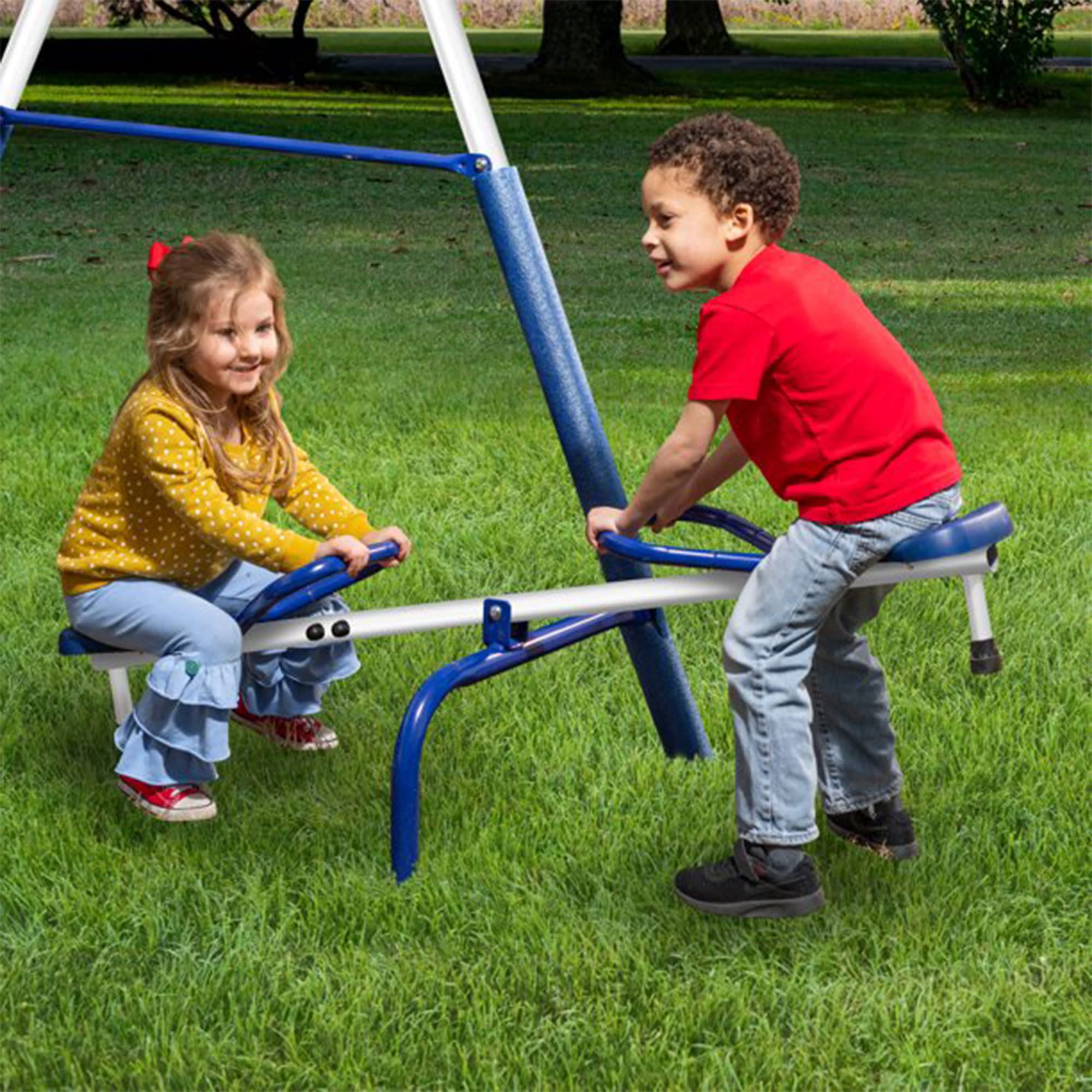 Metal A-Frame Outdoor Swing Set with Slide and See-Saw