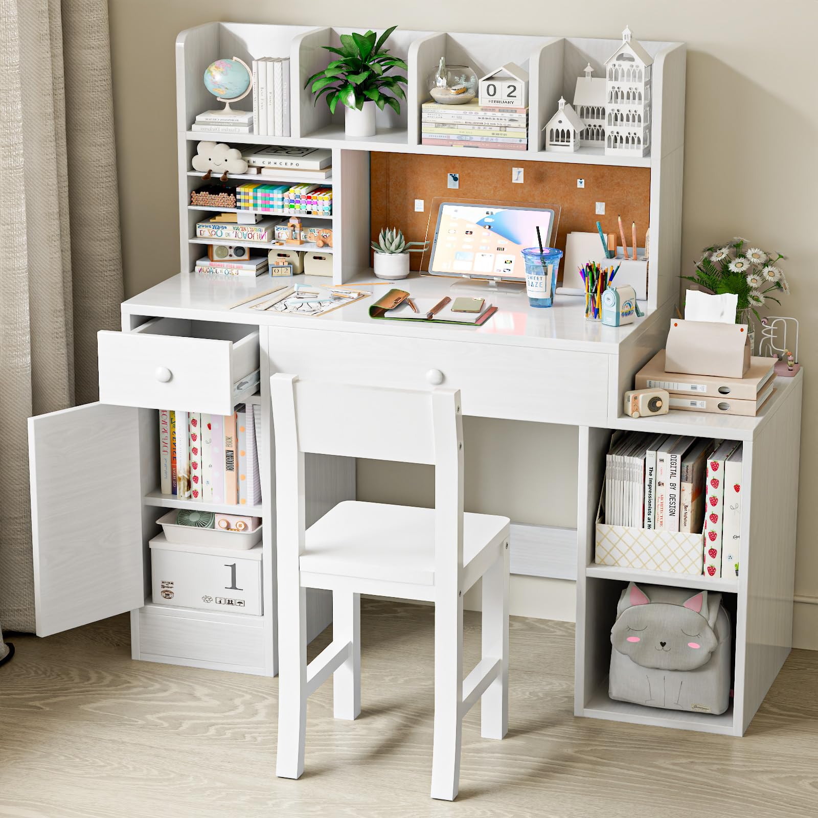 White Wooden Kids Desk and Chair Set, Kids Study Desk