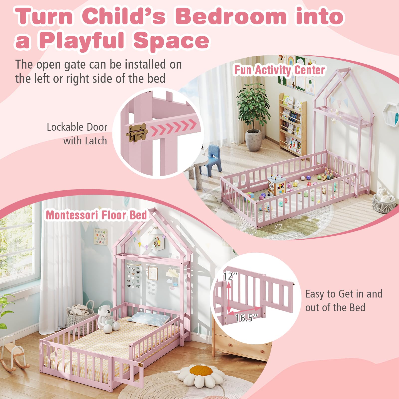 Twin House Floor Bed for Kids with Safety Rails