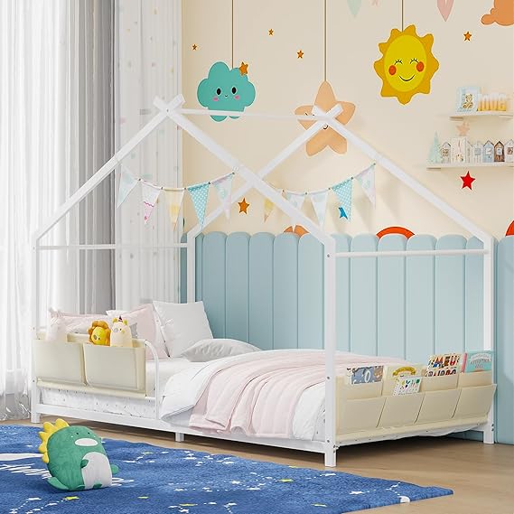 House Shape Twin Size Montessori House Bed Metal Floor Bed
