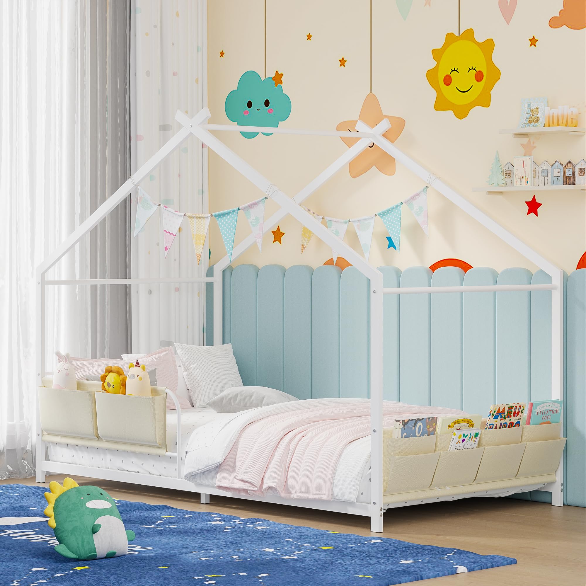 Montessori House Bed Twin Size Metal Floor Bed with Storage
