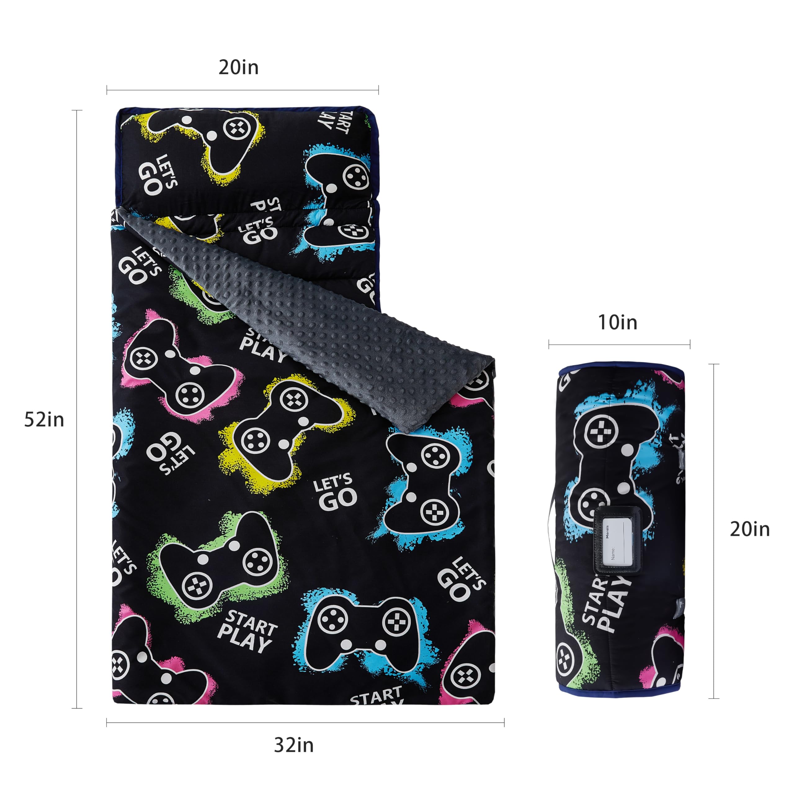 MORAIS Toddler Nap Mat with Removable Pillow and Blanket, Glow in The Dark 52" x 20" Lightweight and Soft Nap Mat for Preschool, Daycare, Travel Sleeping Mat Slumber Bag for Kids (Game)