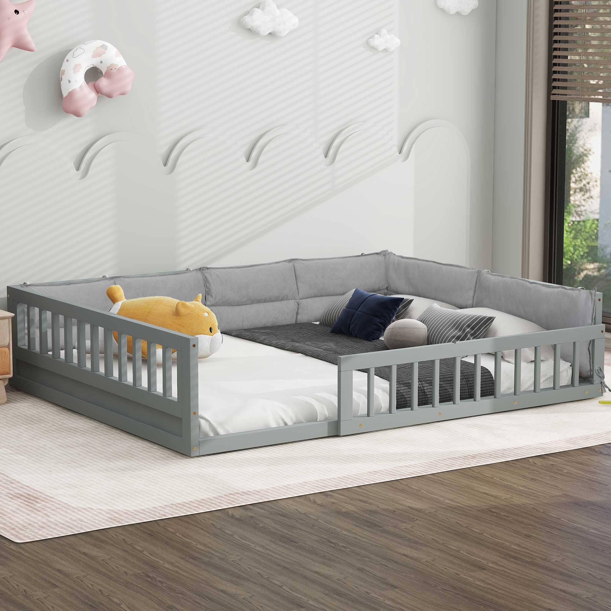 Full Size Floor Bed with Safety Guardrails and Pillows for Kids