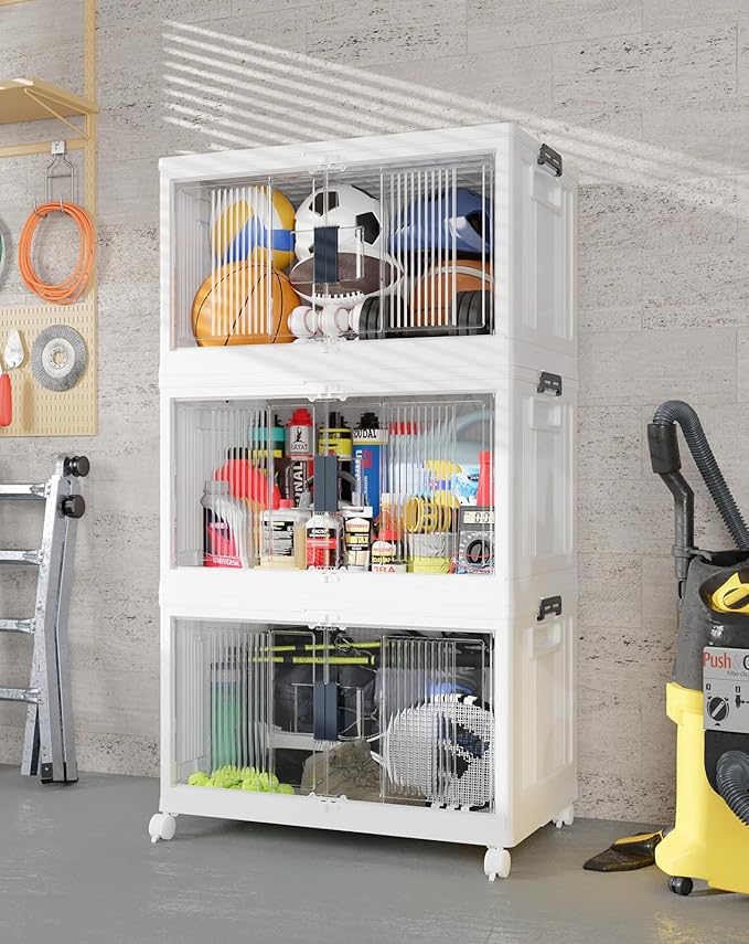 97QT Stackable Storage Bins with Lids - Folding Storage Box with Doors and Wheels