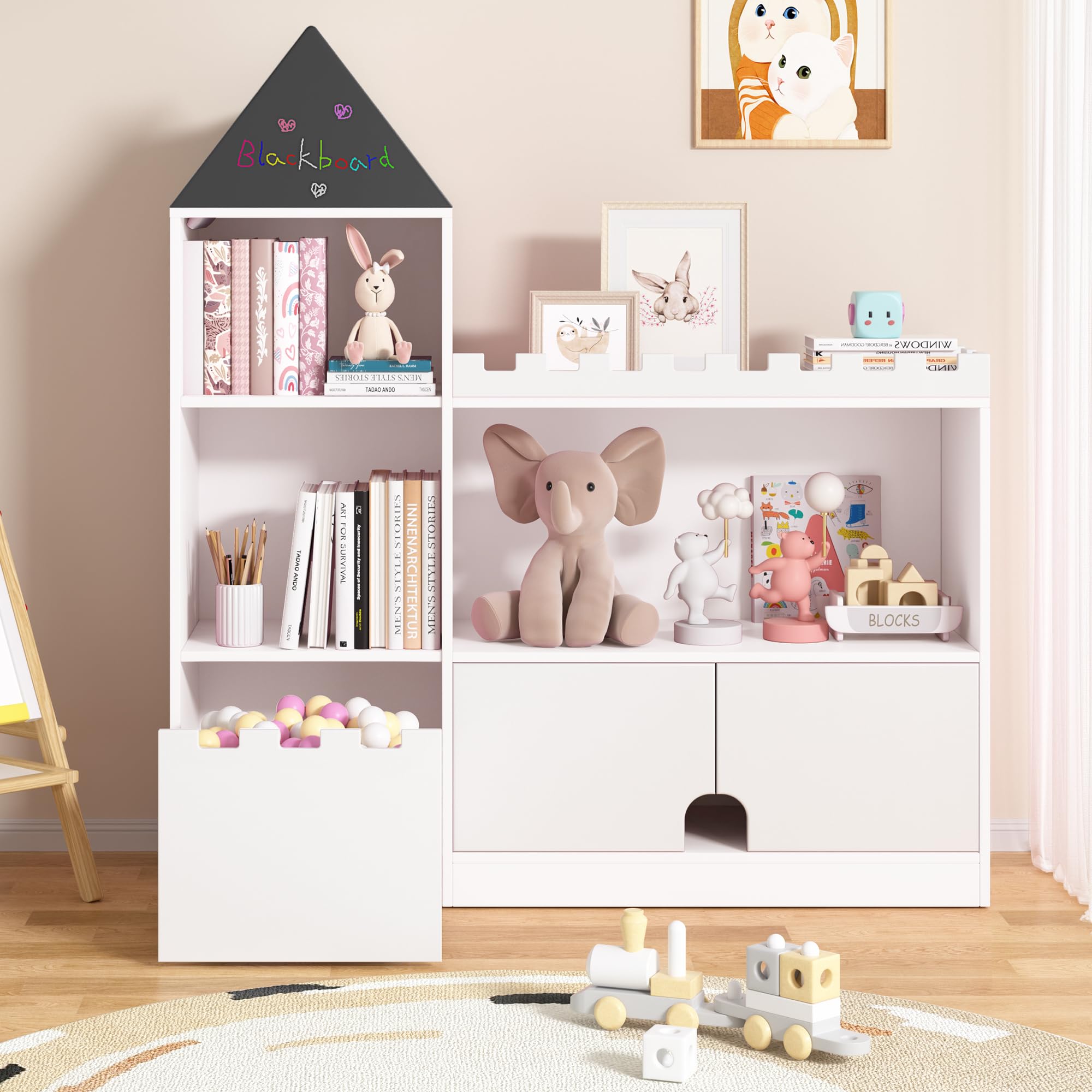 Castle Bookshelf Toy Storage Organizer with 6 Cubbies and Drawers