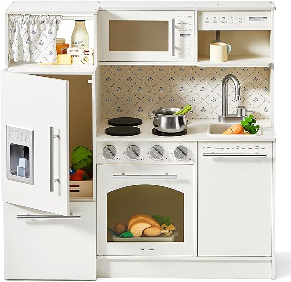 Play Kitchen for Kids, Upgraded Wooden Kitchen Toy with Complete Play Areas