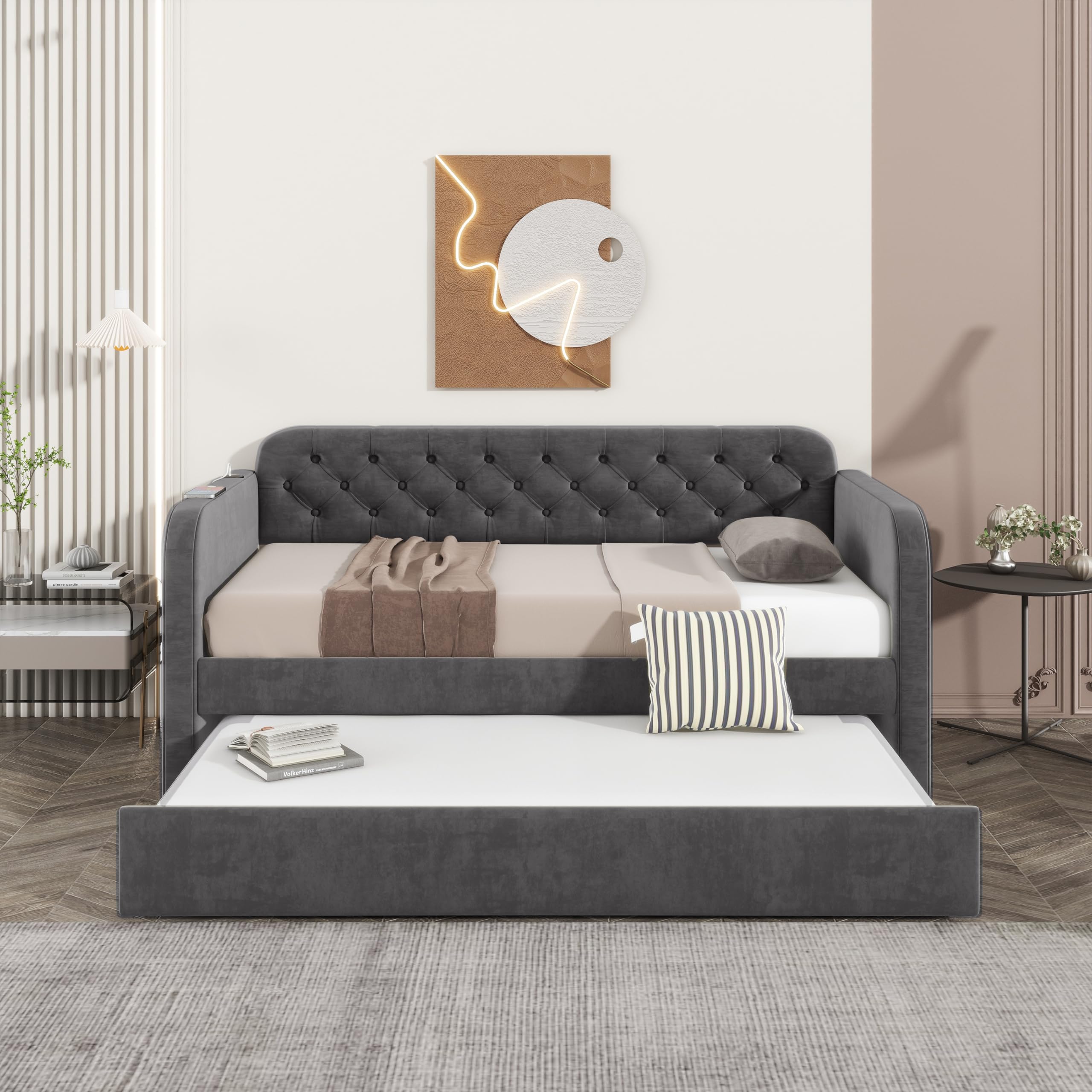 Daybed with Trundle, Velvet Upholstered Twin Size Day Bed