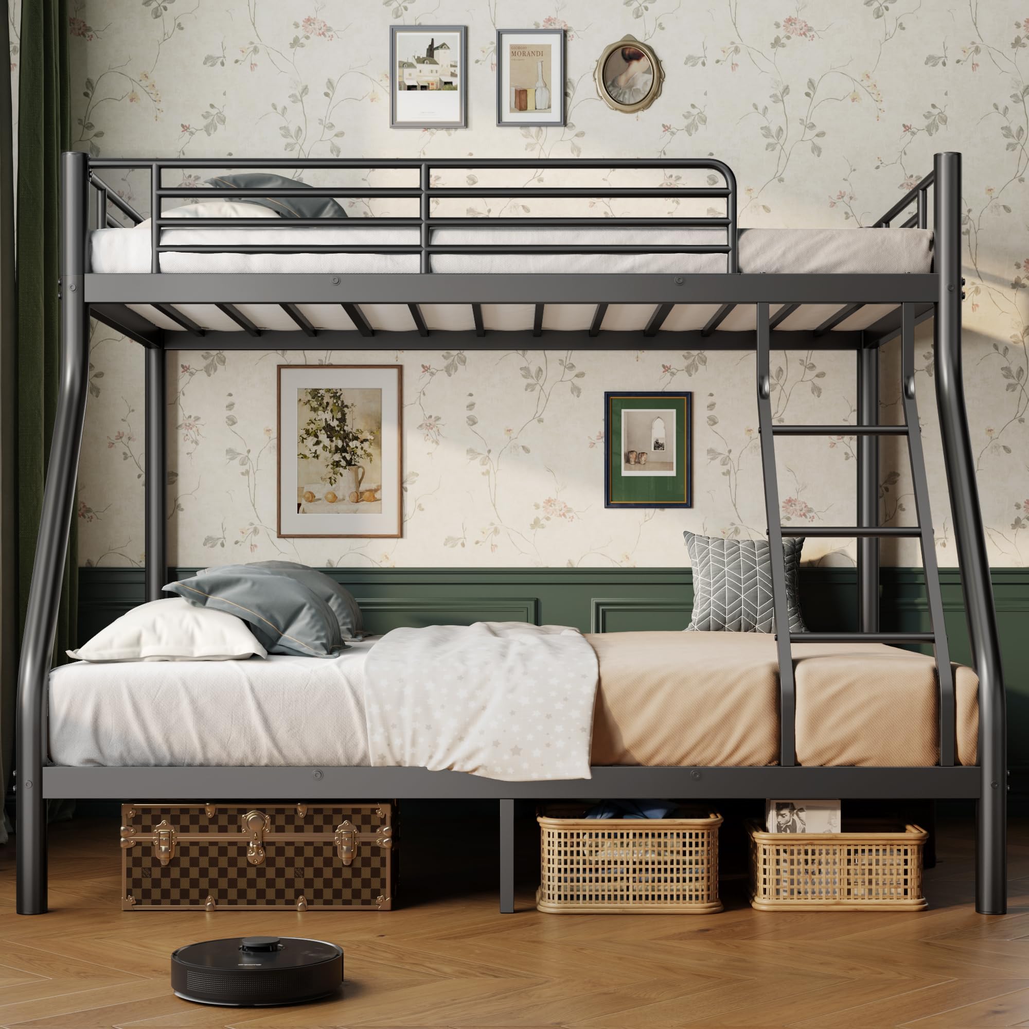 Twin Over Full Bunk Bed with Guardrail and Ladder