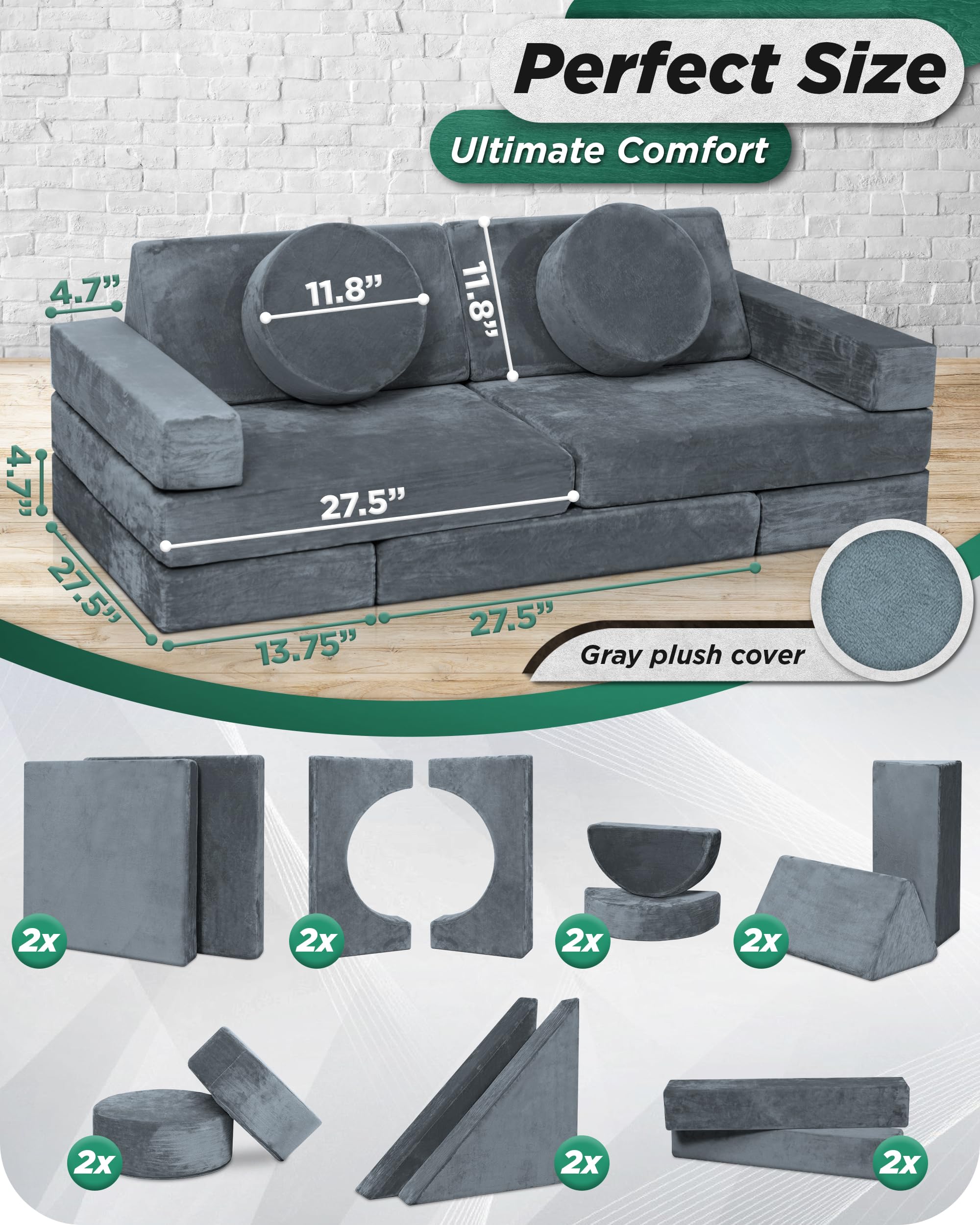 14-Piece Modular Kids Play Couch with Washable Covers