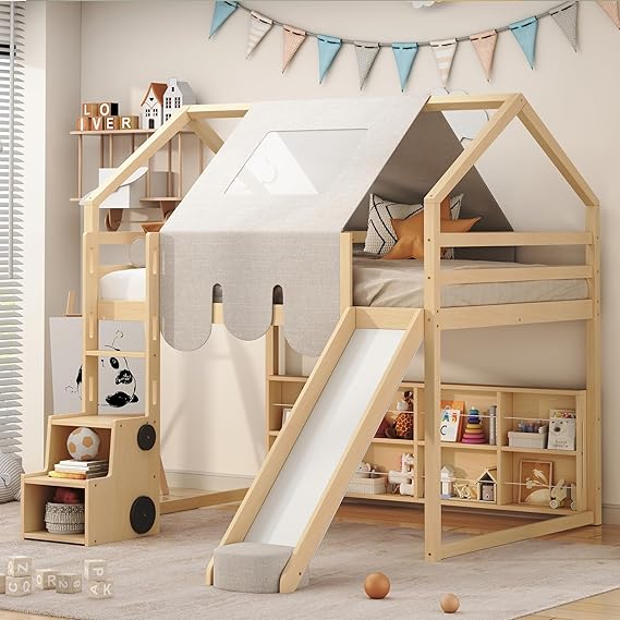 Twin Size Loft Bed with Slide, Wooden Twin House-Shaped Frame with Ladder