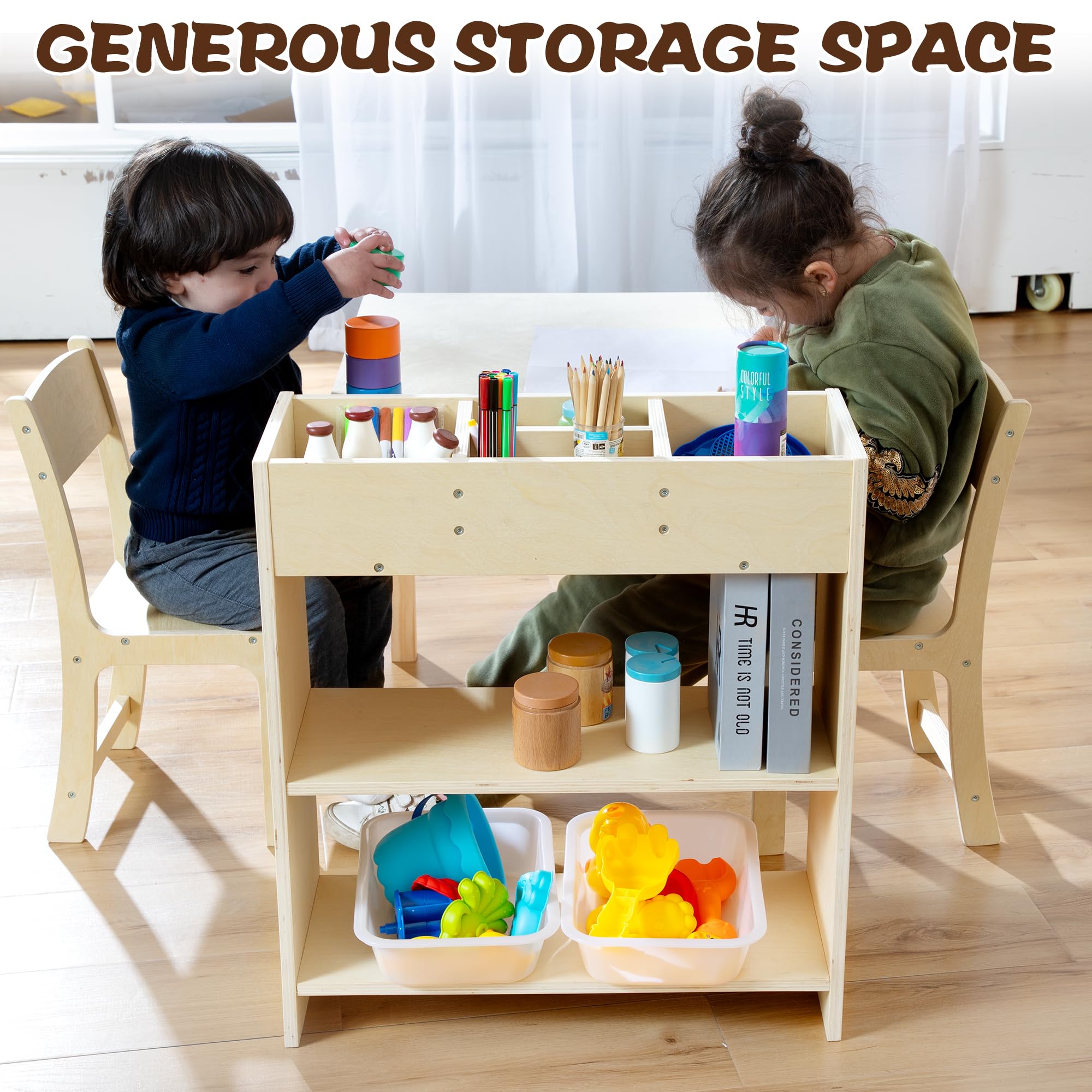 Birch Wood Kids Art Table and Chair Set with Storage