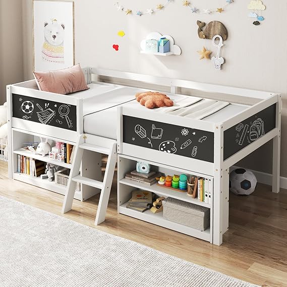 Low Loft Bed Twin Size, Wooden Loft Bed with Ladder & Blackboard