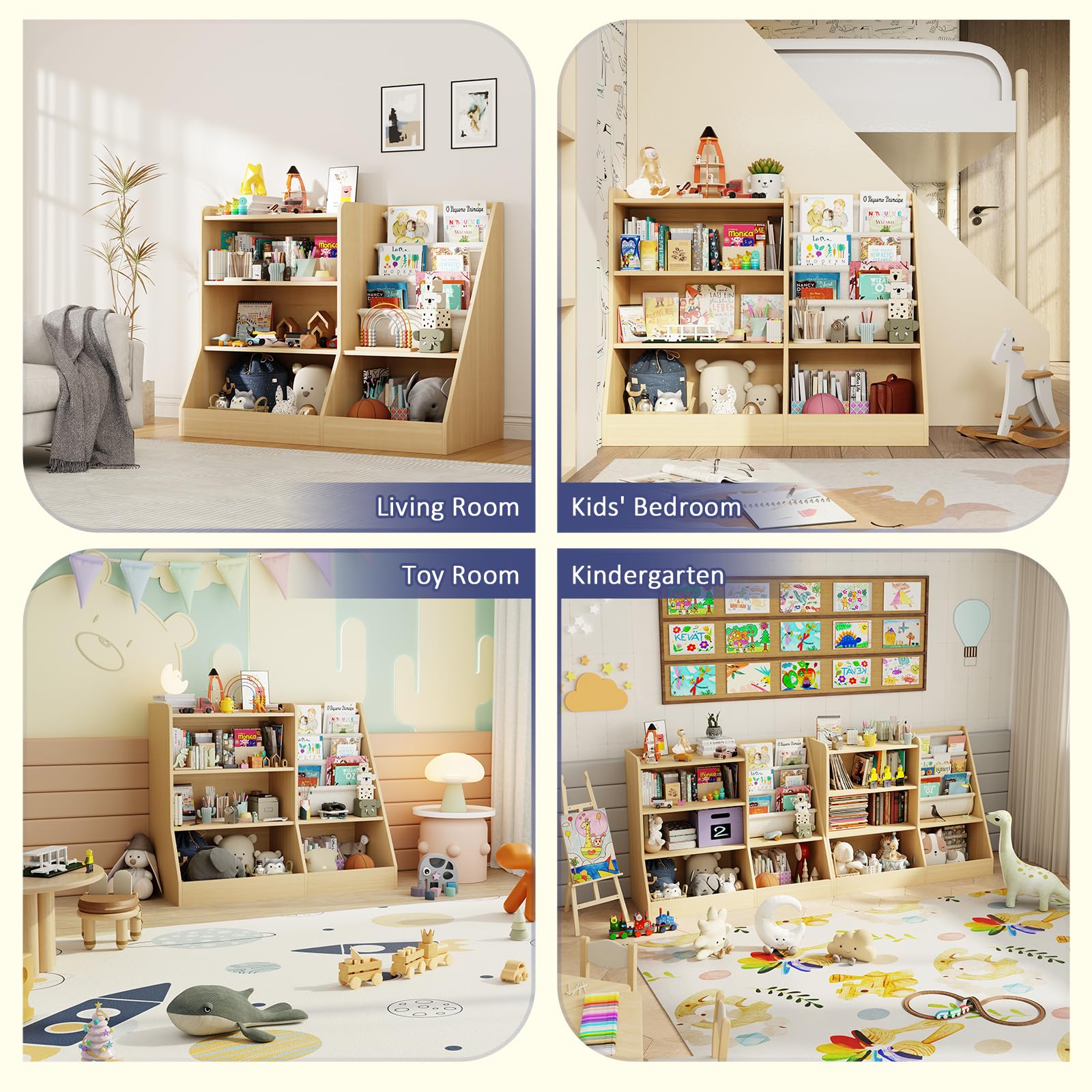 Kids Wooden Bookshelf and Toy Storage Organizer with Sling Book Rack