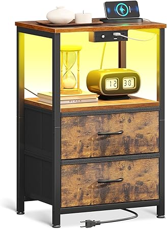 Night Stand with Charging Station and LED Lights, End Table