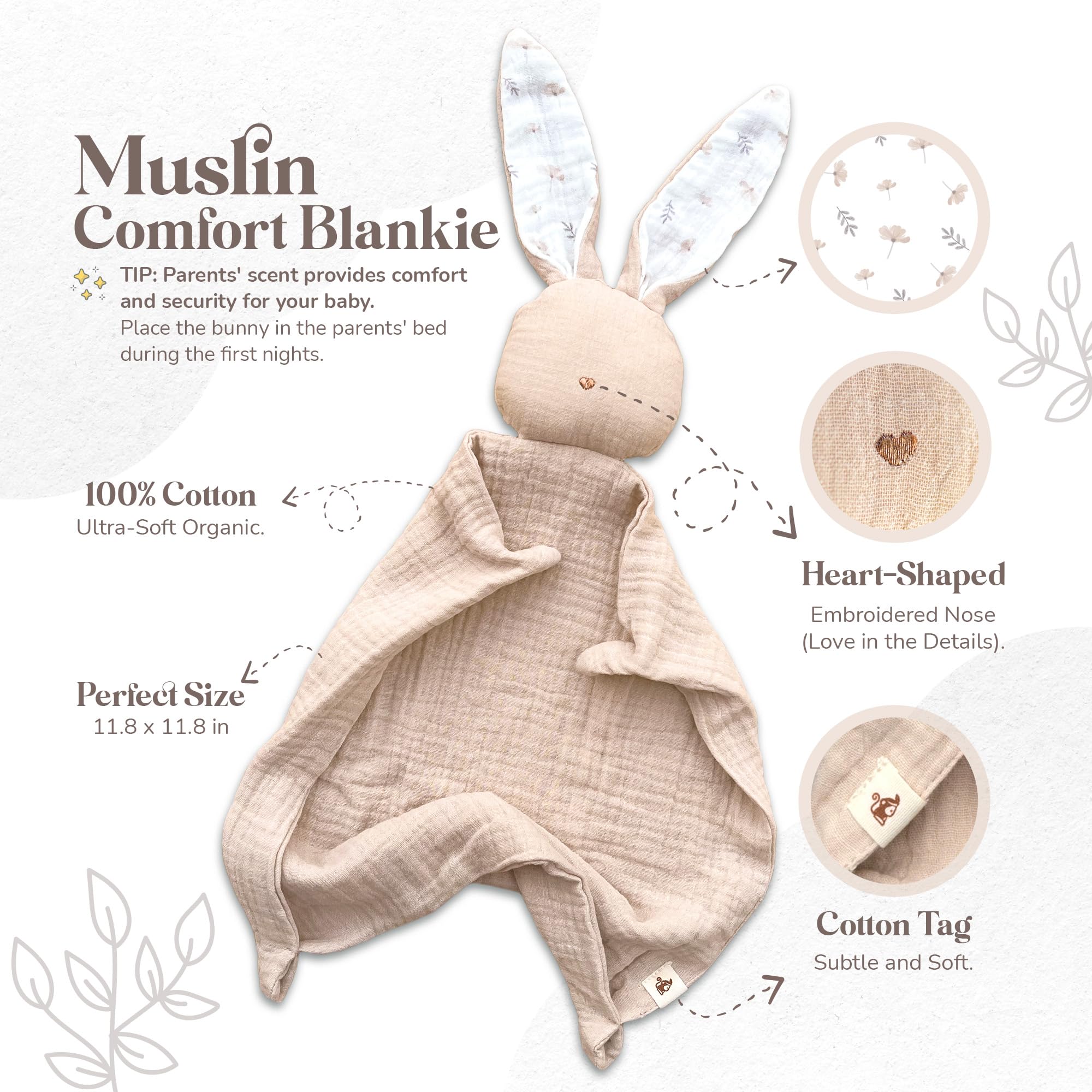 Mikito Organic Cotton Newborn Gift Box, Unisex Baby Gift Set incl. Muslin Lovey Comforter + Bandana Bib + Wooden Teether + Birth Announcement Sign