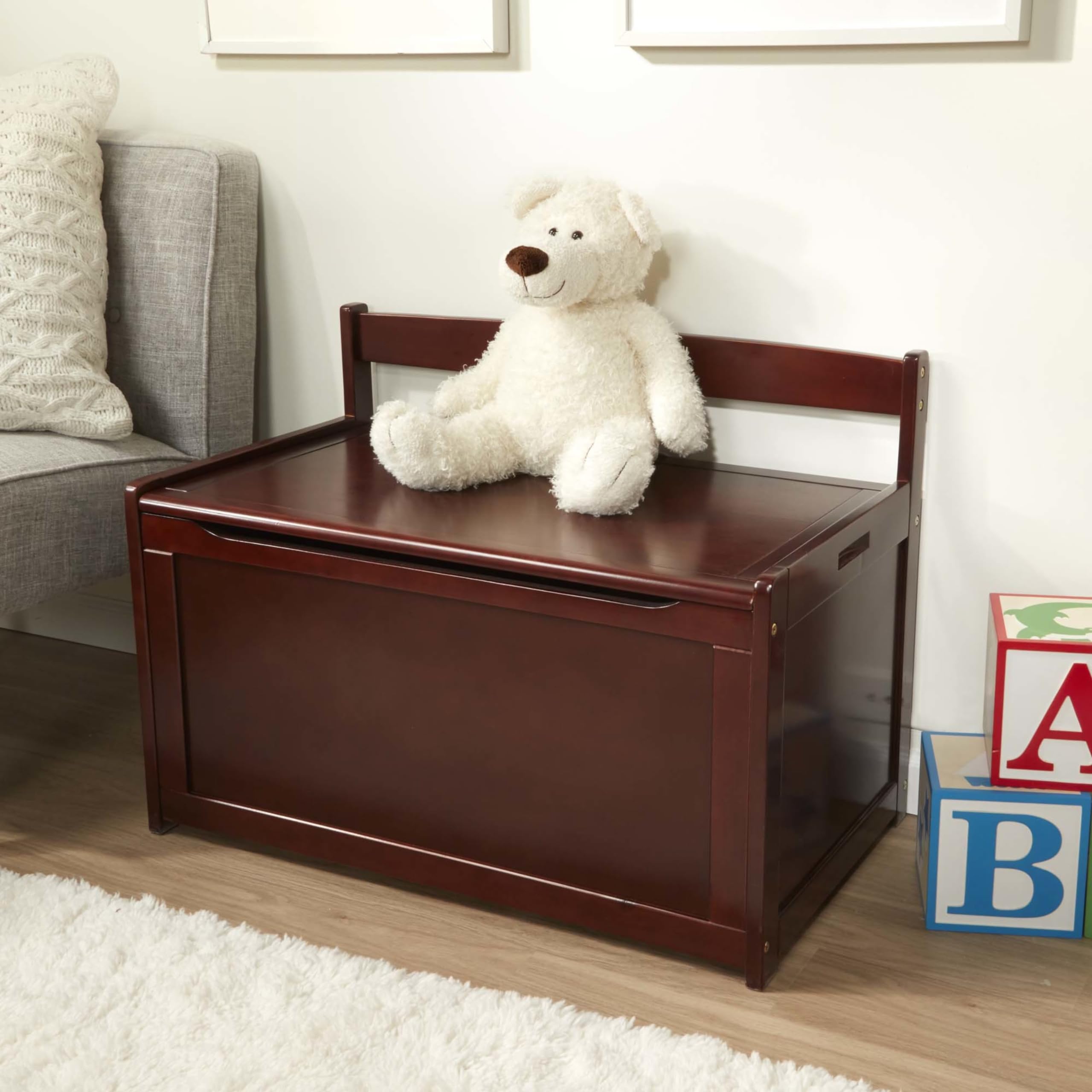 Wooden Toy Chest with Safety Hinged Lid - Espresso