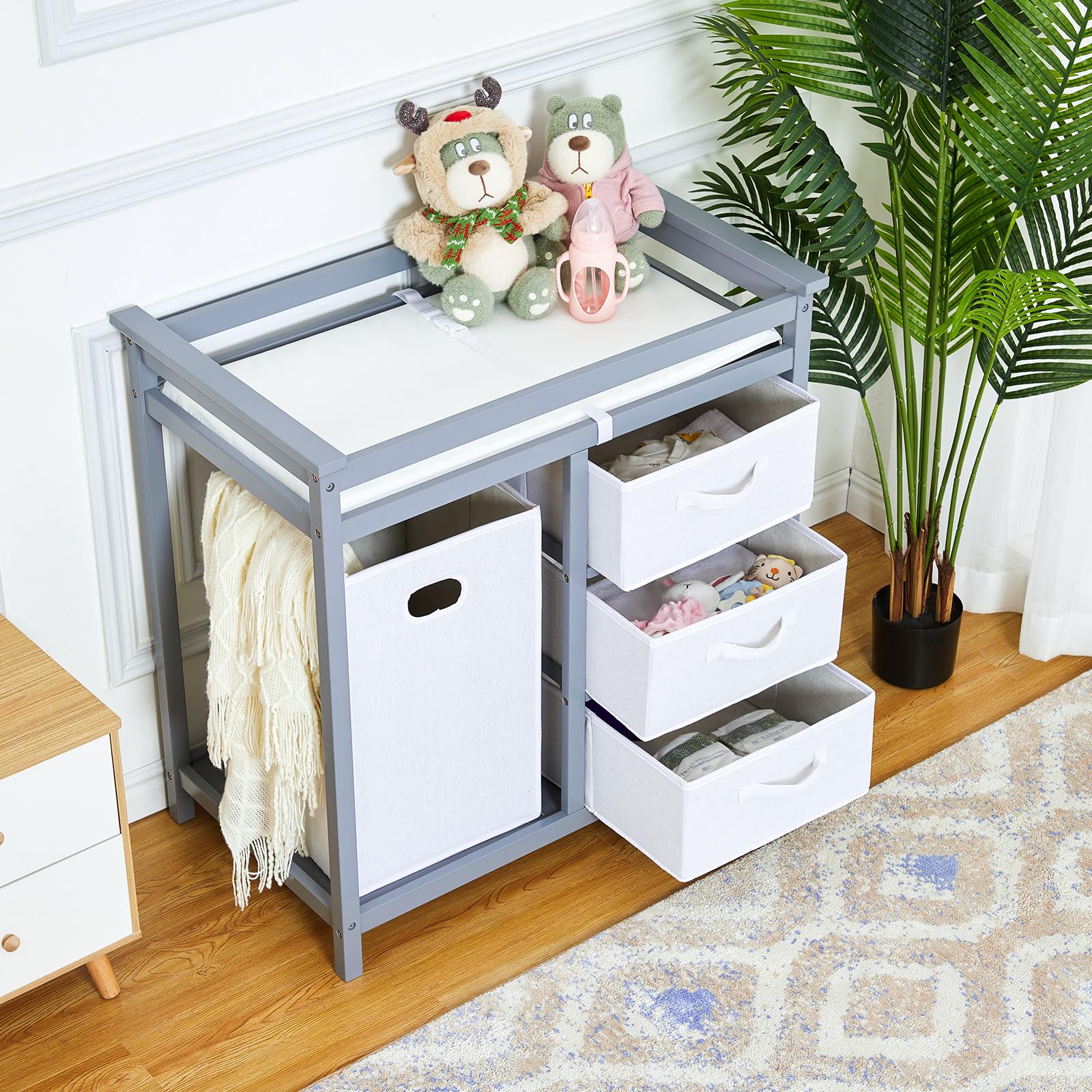 Baby Changing Table with Storage Baskets and Hamper