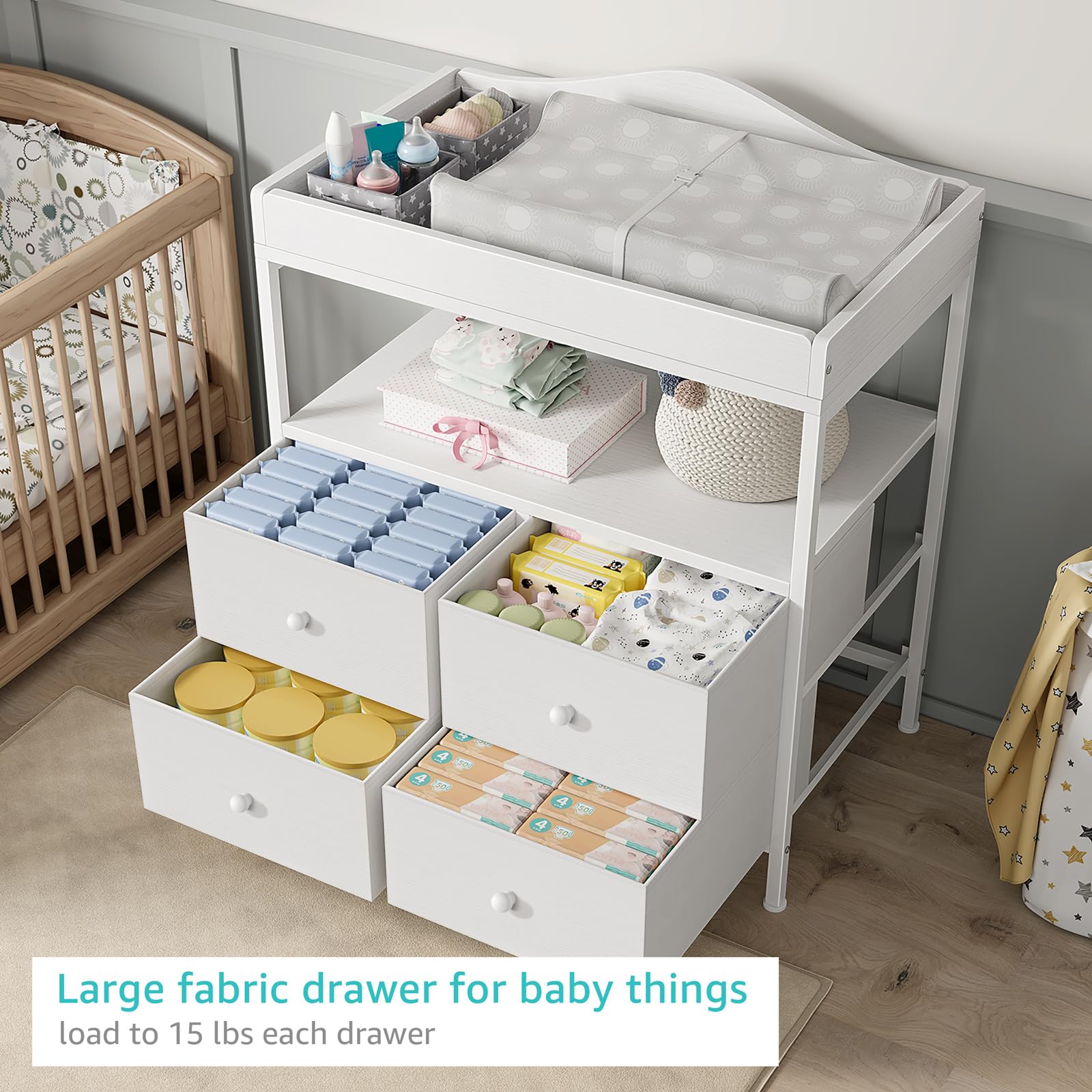 Changing Table Dresser with Fabric Drawers and Open Shelf