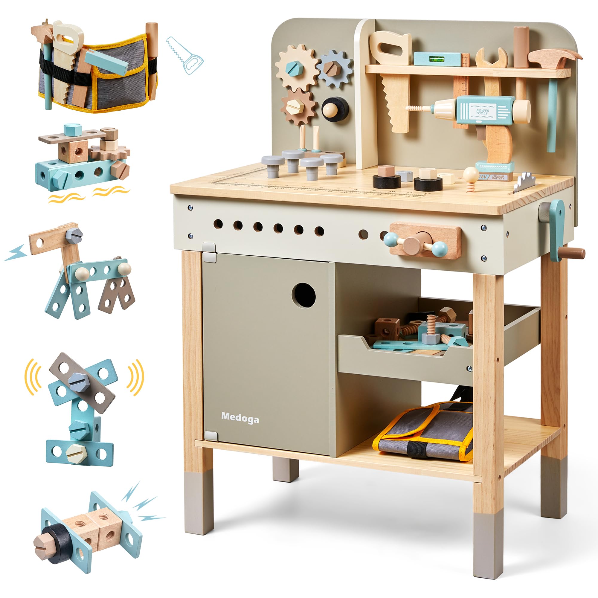 Tool Bench,Wooden Play Tools Set with Kids Tool Belt Toddlers