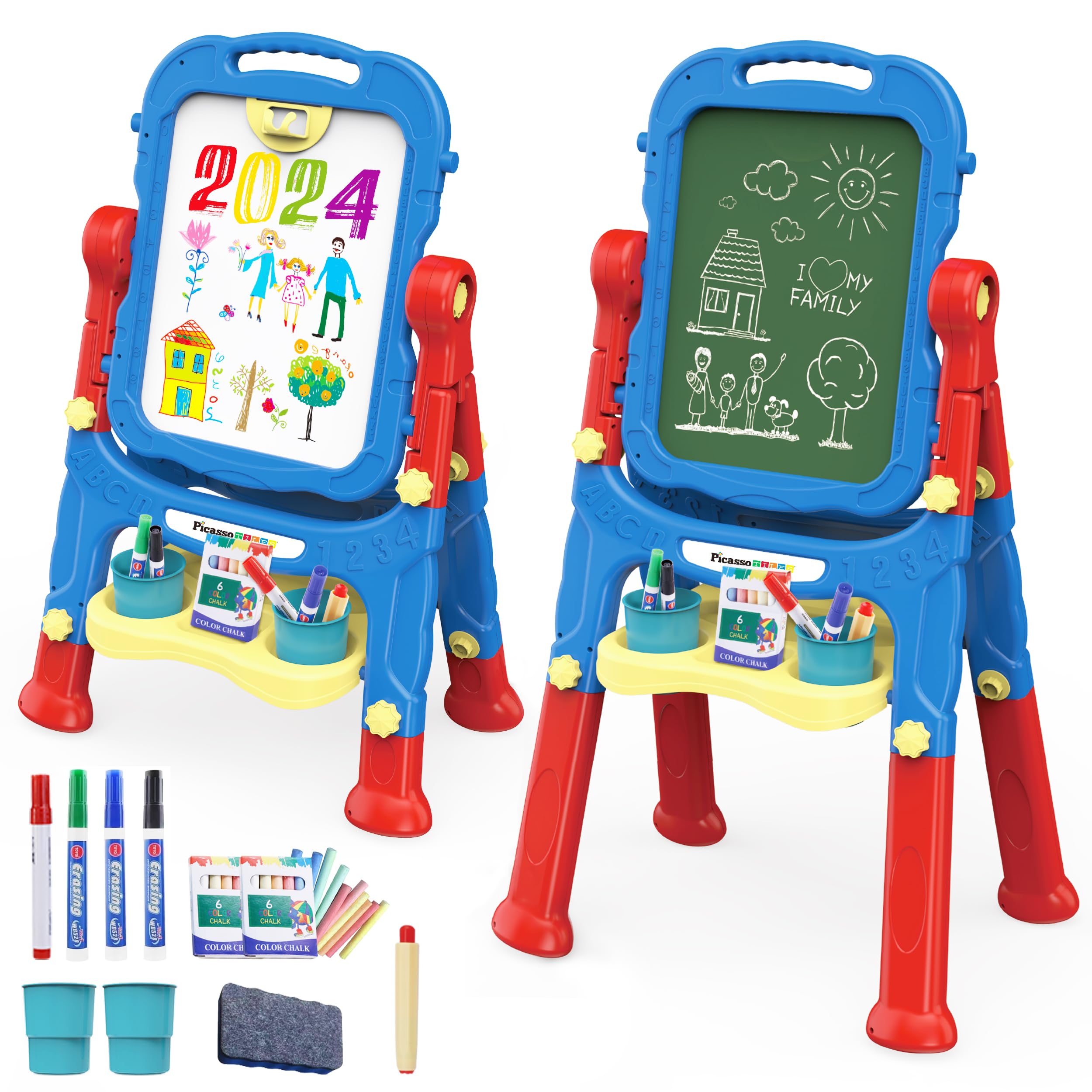 Kids Art Easel Double-Sided Rotating Chalkboard Whiteboard with Adjustable Height