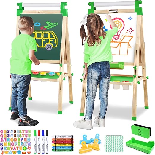 Kids Wooden Easel with Paper Roll - Adjustable Magnetic Double Sided