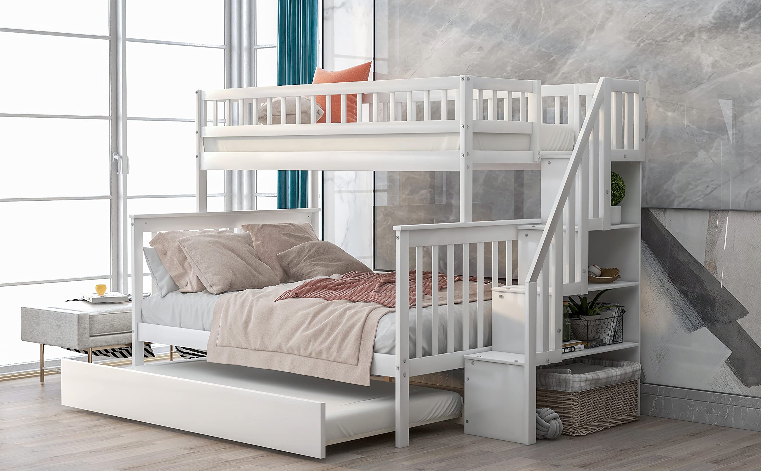 Twin Over Full Bunk Bed with Trundle and Staircase, Bedroom/Guest Room Furniture, Space-Saving Design,White
