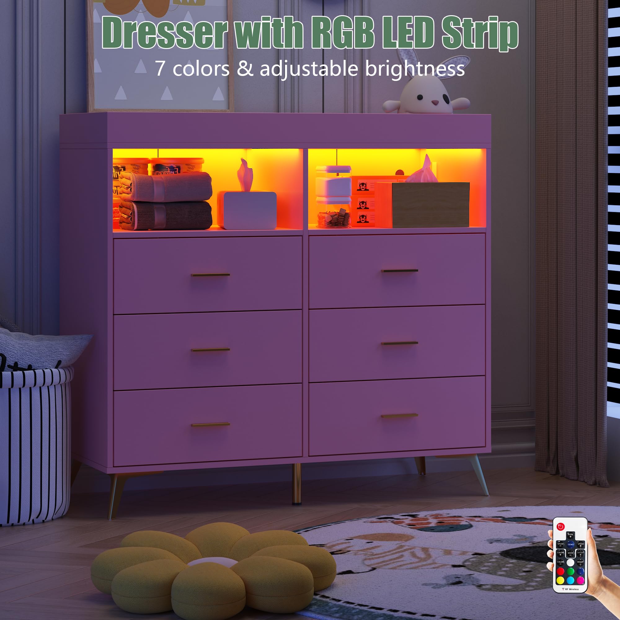 6-Drawer Baby Changing Table Dresser with LED Lights