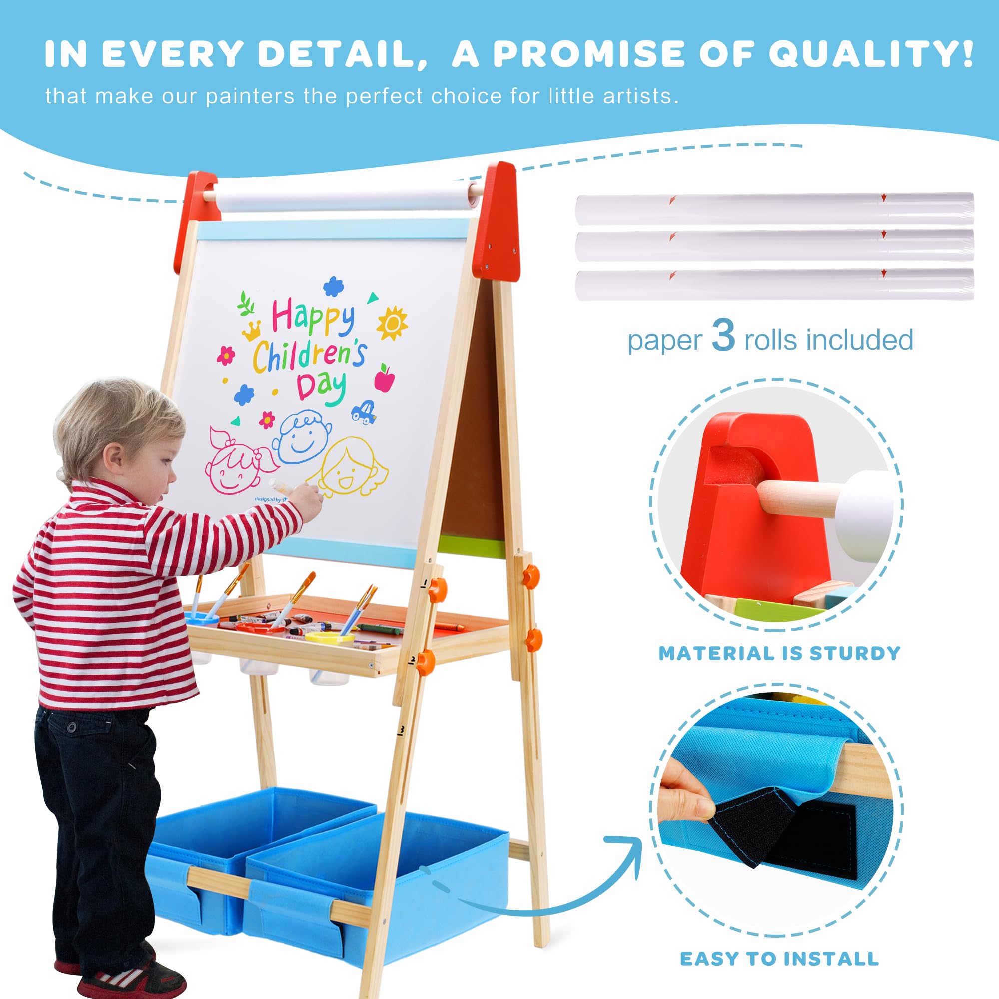 Bpmfkid 3 in 1 Adjustable Kids Art Drawing Easel Set-Sided Magnetic Whiteboard & Chalkboard with Painting Paper Roll - Versatile Art Station Gift for Toddlers, Kids and Childrens Ages 3+