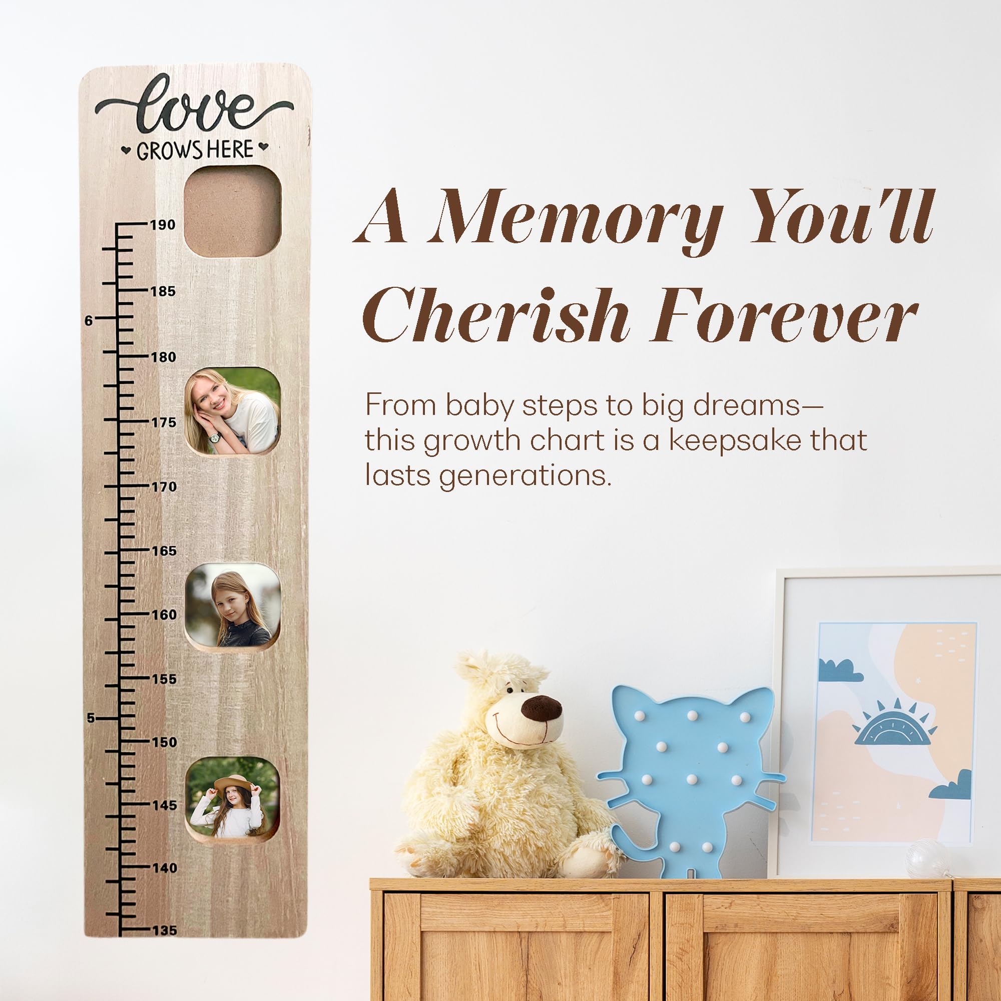 Wooden Growth Chart for Wall with Picture Slots