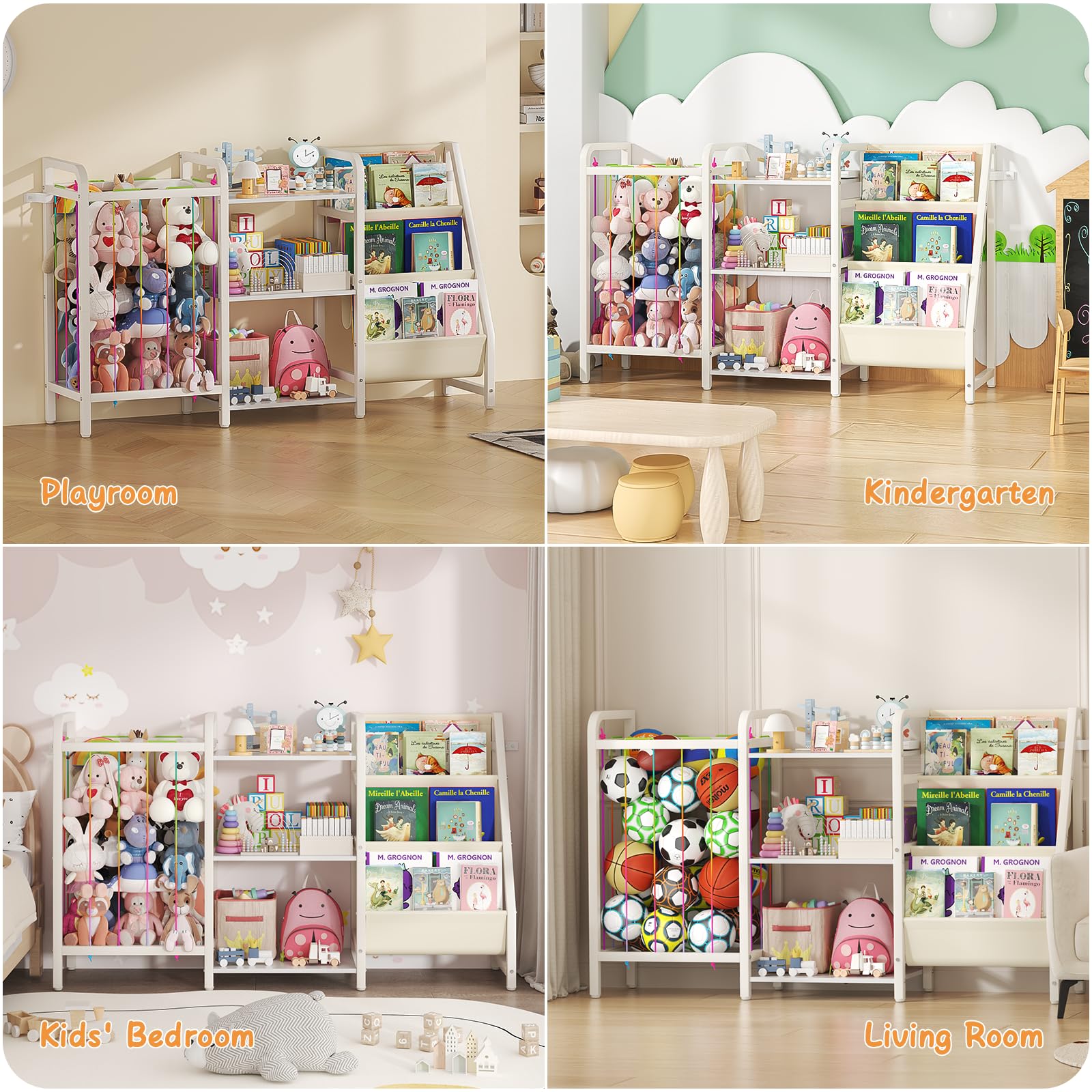 Kids Bookshelf and Toy Storage Organizer with Stuffed Animal Holder