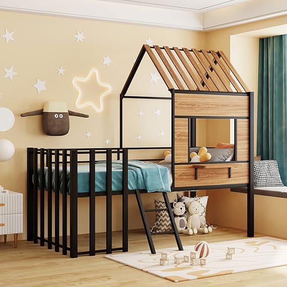 Twin Size Metal Low Loft Bed with Roof for Kids,KidsHouse Bed Twin Size