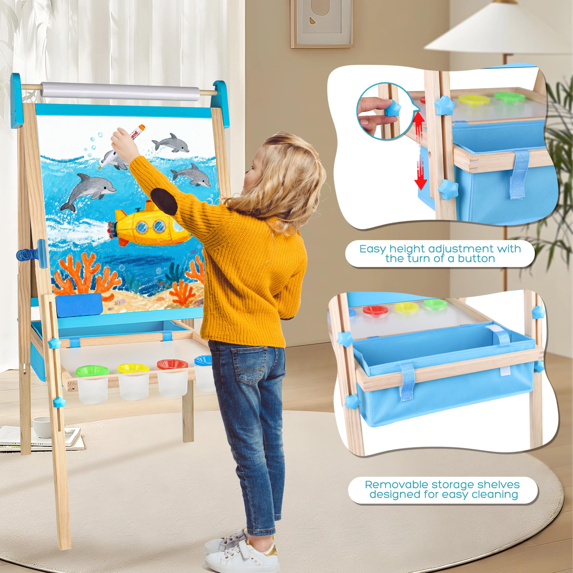 Wooden Adjustable Kids Easel with Magnetic Whiteboard