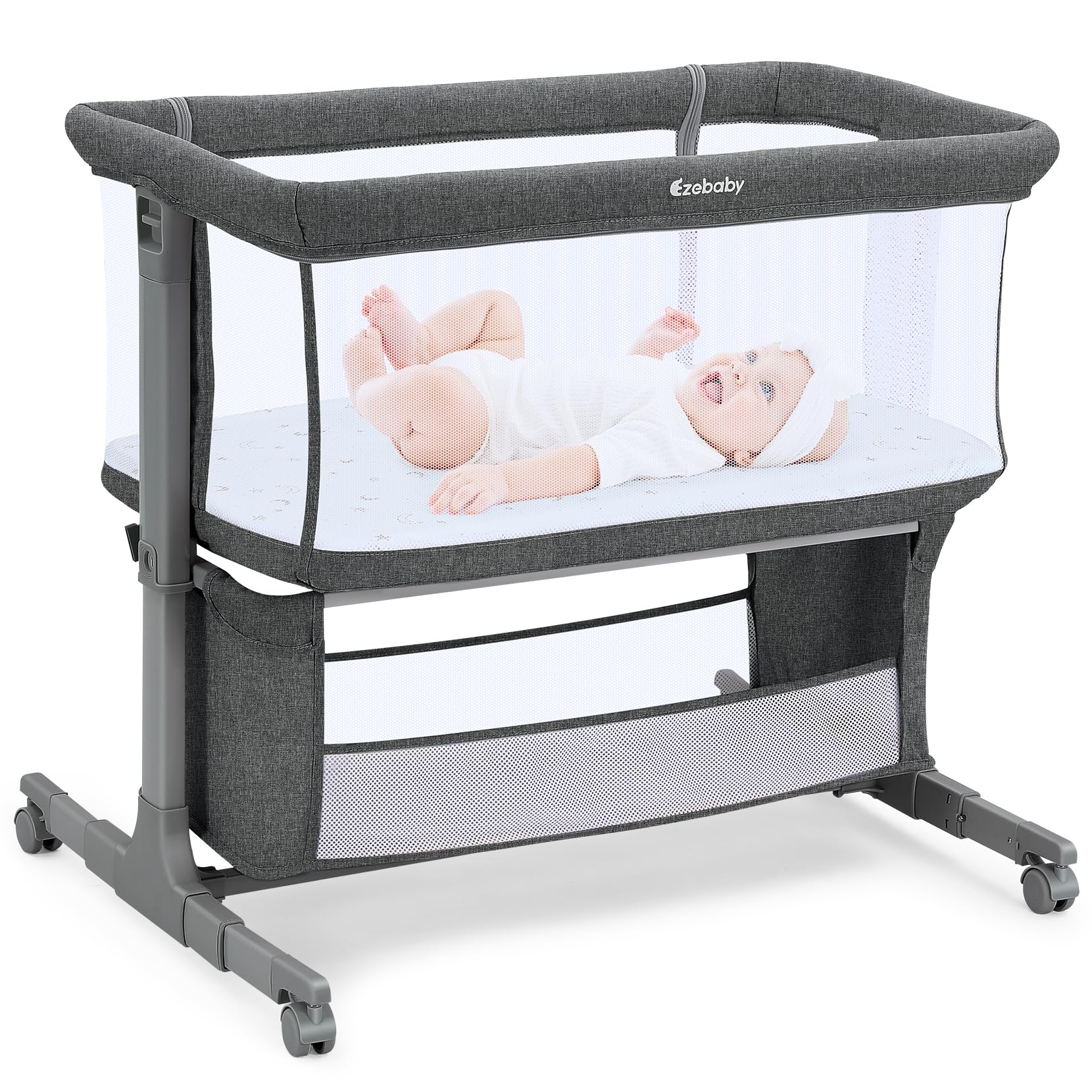 Bedside Bassinet for Baby, Portable Baby Bassinet Bedside Sleeper for Newborn Infants with Wheels Storage Basket, Adjustable 7 Heights and All Mesh Sides