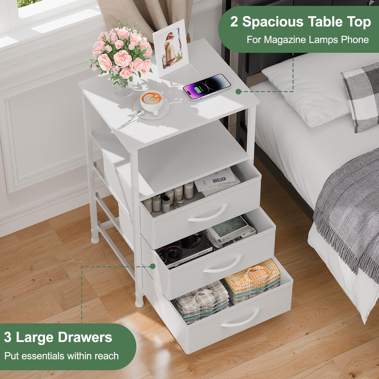 LED Nightstand with 3 Fabric Drawers